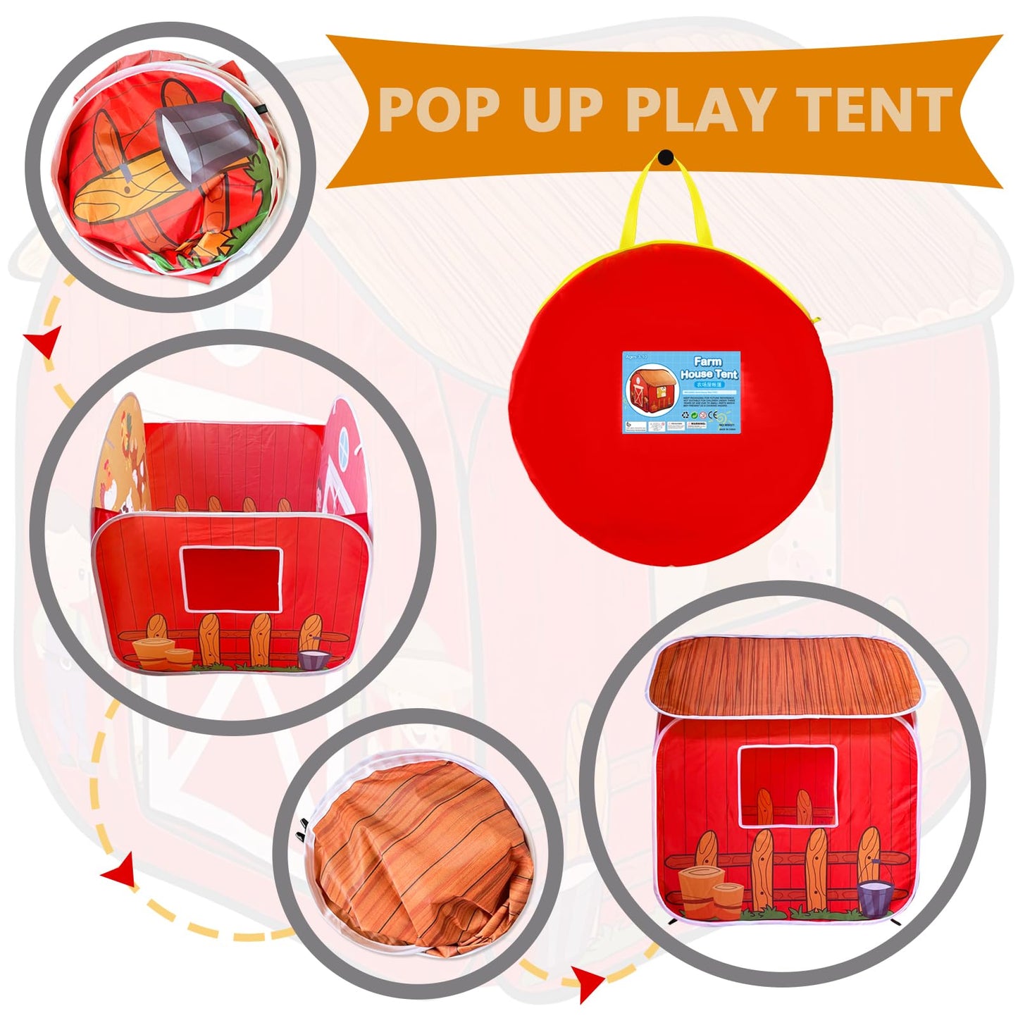 TikOnsYol Kids Play Tent, Pop Up Barn for Kids, Indoor Outdoor Folding Portable Playhouse for Boys and Girls