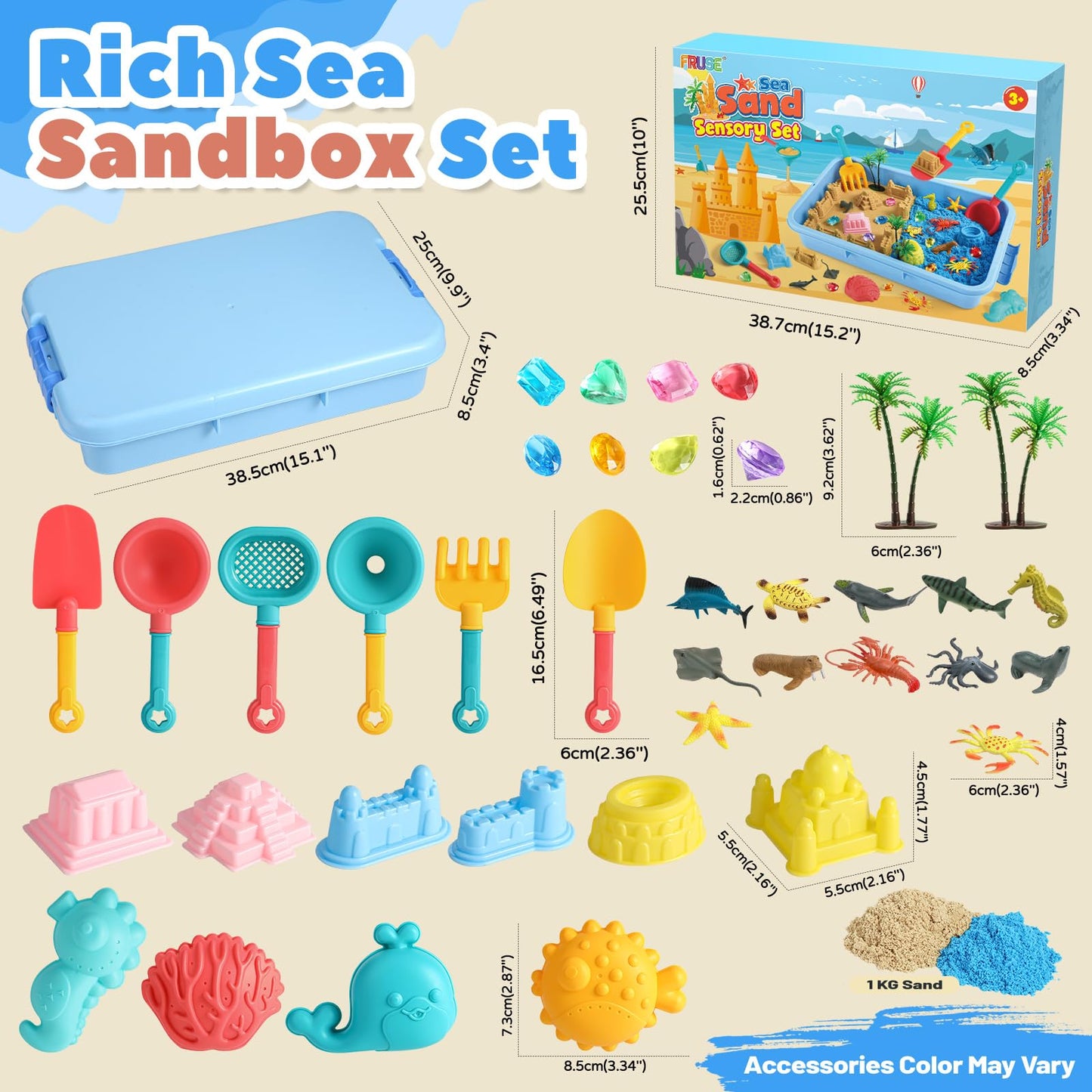 FRUSE Ocean Sensory Bin,Play Sand Art Kit with 2.2lbs Play Sand,12 Sea Animal Toys,Sand Molds,Role Play Beach Toy Sandbox Toys f