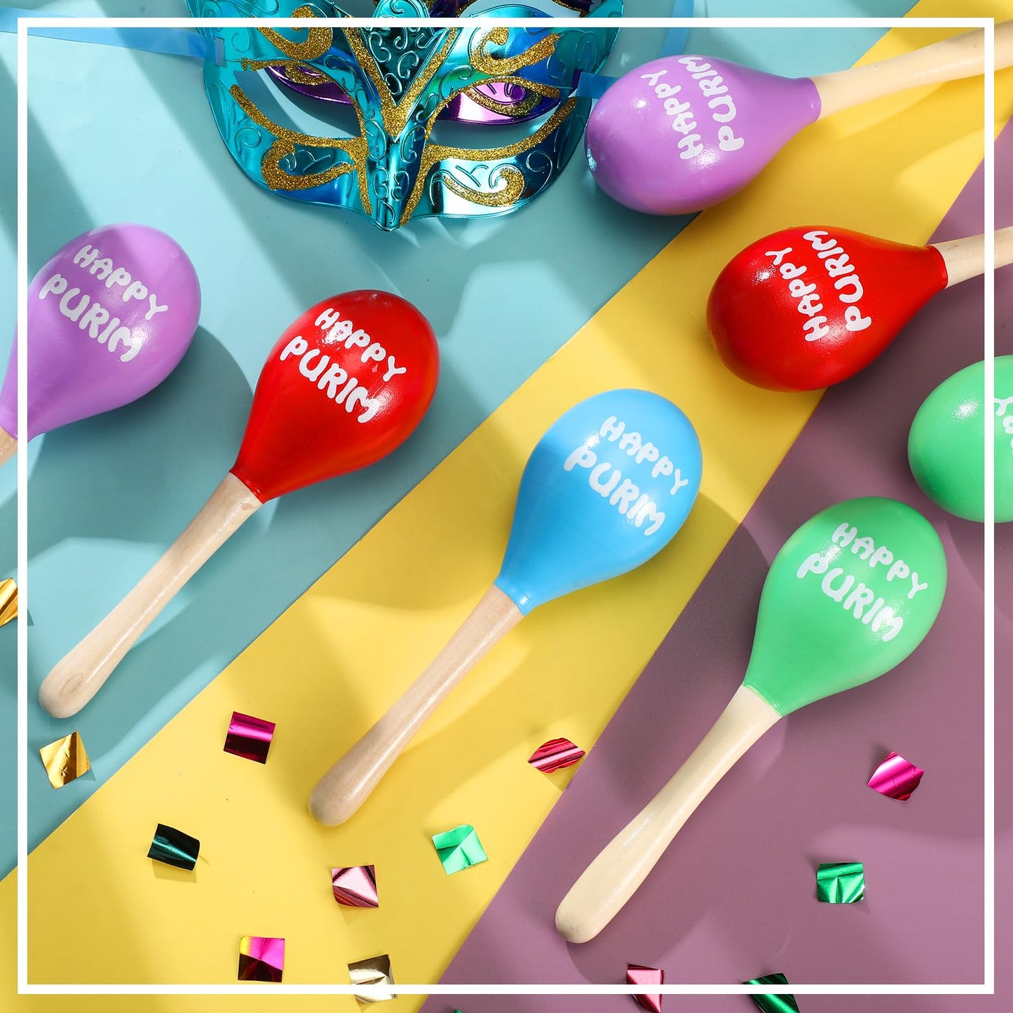 Lenwen 12 Pcs Happy Purim Wood Gragger Maracas Shakers with Stickers Colorful Noisemakers for Fun Jewish Holiday Party Favors Go