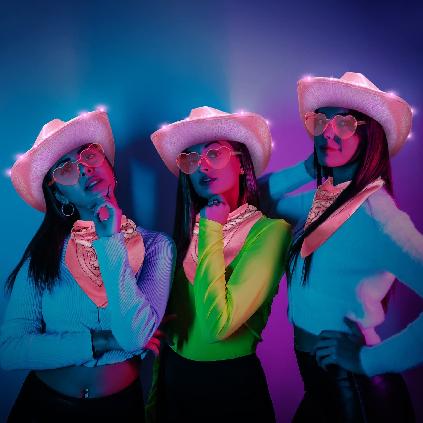 JaGely 24 Pieces Pink Cowgirl Hat Light Up LED Cowboy Hat with Heart Sunglasses and Bandanna Set for Halloween Costume Cosplay