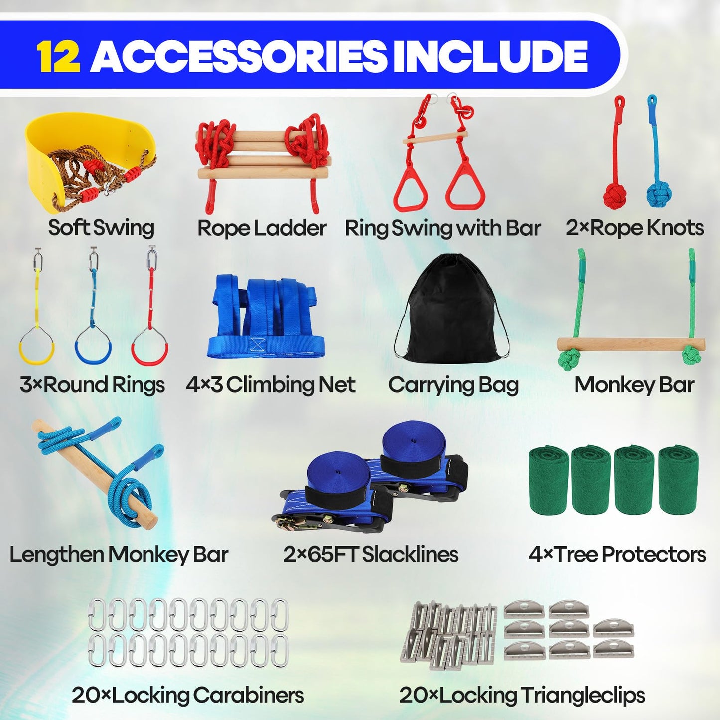 2X65Ft Ninja Warrior Obstacle Course For Kids With 12 Obstacle Course Accessories-Swings, Monkey Bars, Arm Trainers And More, Su