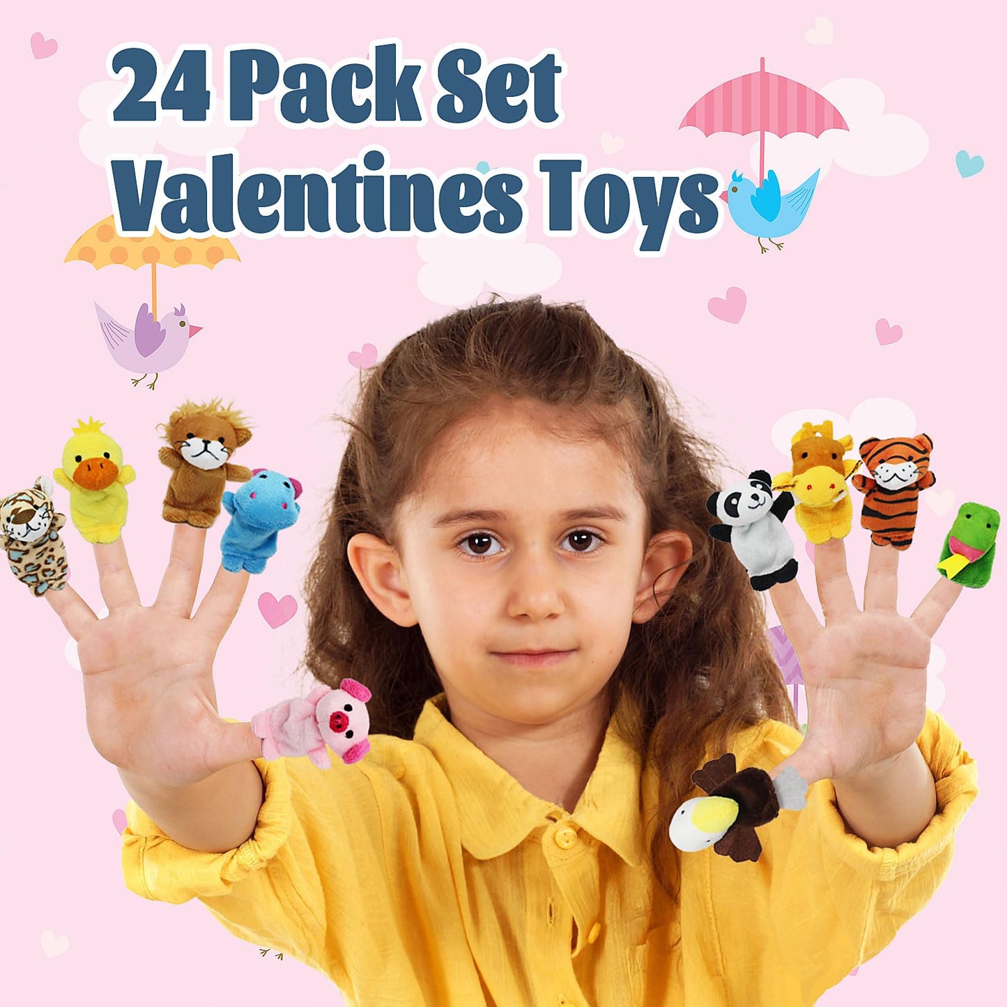 Vealizuu 24 Packs Valentine'S Day Plush Animal Finger Puppet Toys Sets, Valentines Day Cards Gifts For Kids Valentines School Cl