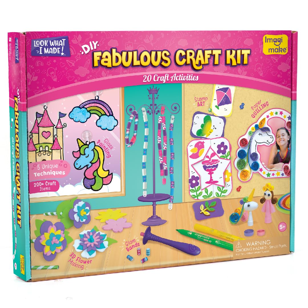 Imagimake Fabulous Craft Kit-Arts And Crafts For Kids Ages 6-8-Suncatcher Kits For Kids-Air Dry Clay, Paper Quilling Kit, Stamp For Kids- Princess, Unicorn Toys- Gifts For 5, 6, 7, 8, 9 Year Old Girls, Multicolour