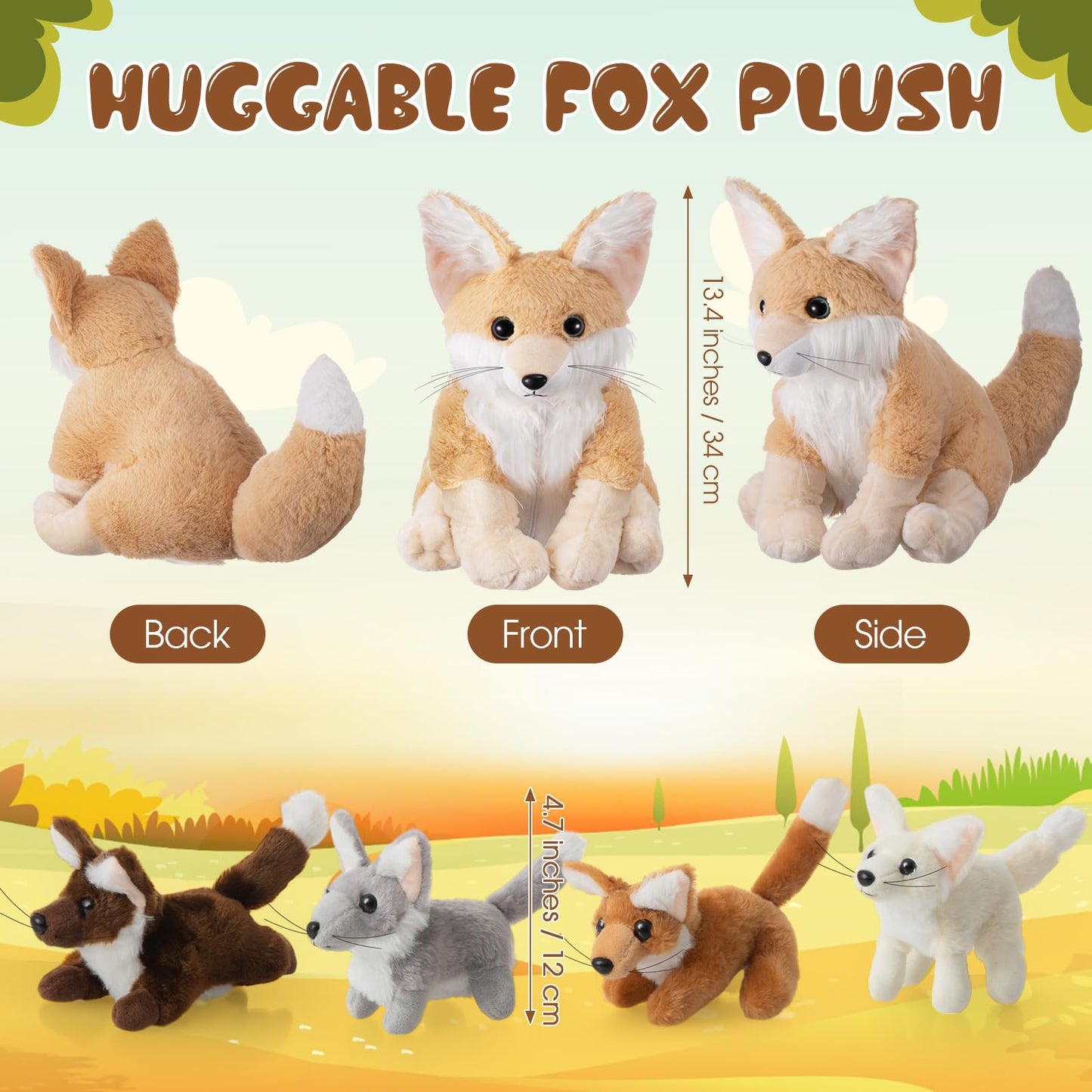 Hydren 5Pcs Woodland Animals Plush Toys Set 13.4 Inch Large Fennec Fox Stuffed Animal With 4 Cute Baby Fox Plush Toys Gift For V