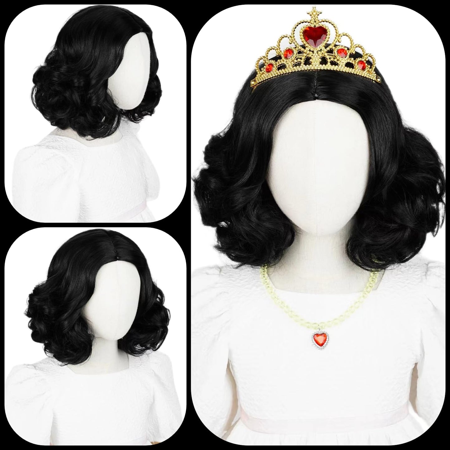 Princess Wig Set Kids Short Curly Black Cosplay Wigs For Kids Girls, Black Middle Part Wig Child'S Costume Wigs Synthetic Hair F