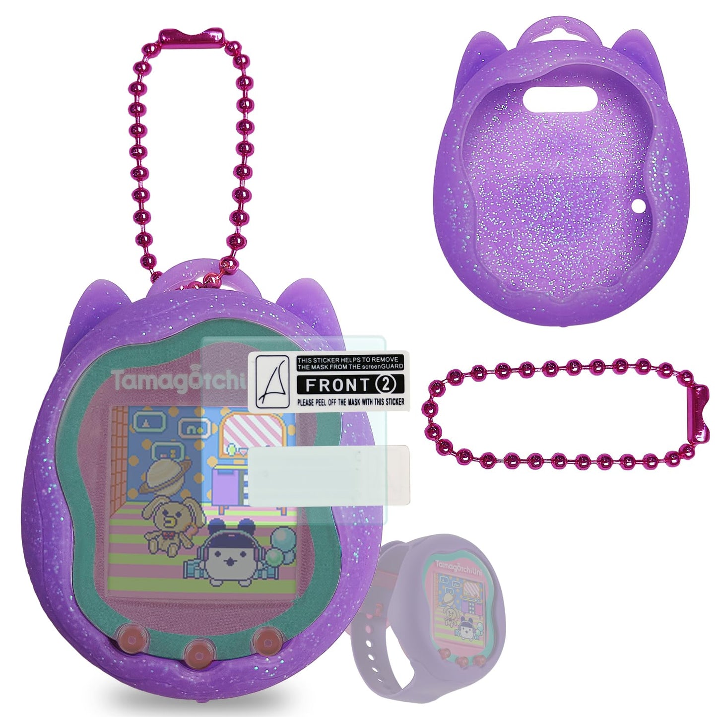 Jchpine Silicone Case Replacement For Tamagotchi Uni, Screen Protector For Tamagotchi Uni Band Pet Accessories(Silicone Case And Screen Film) (Purple Case)
