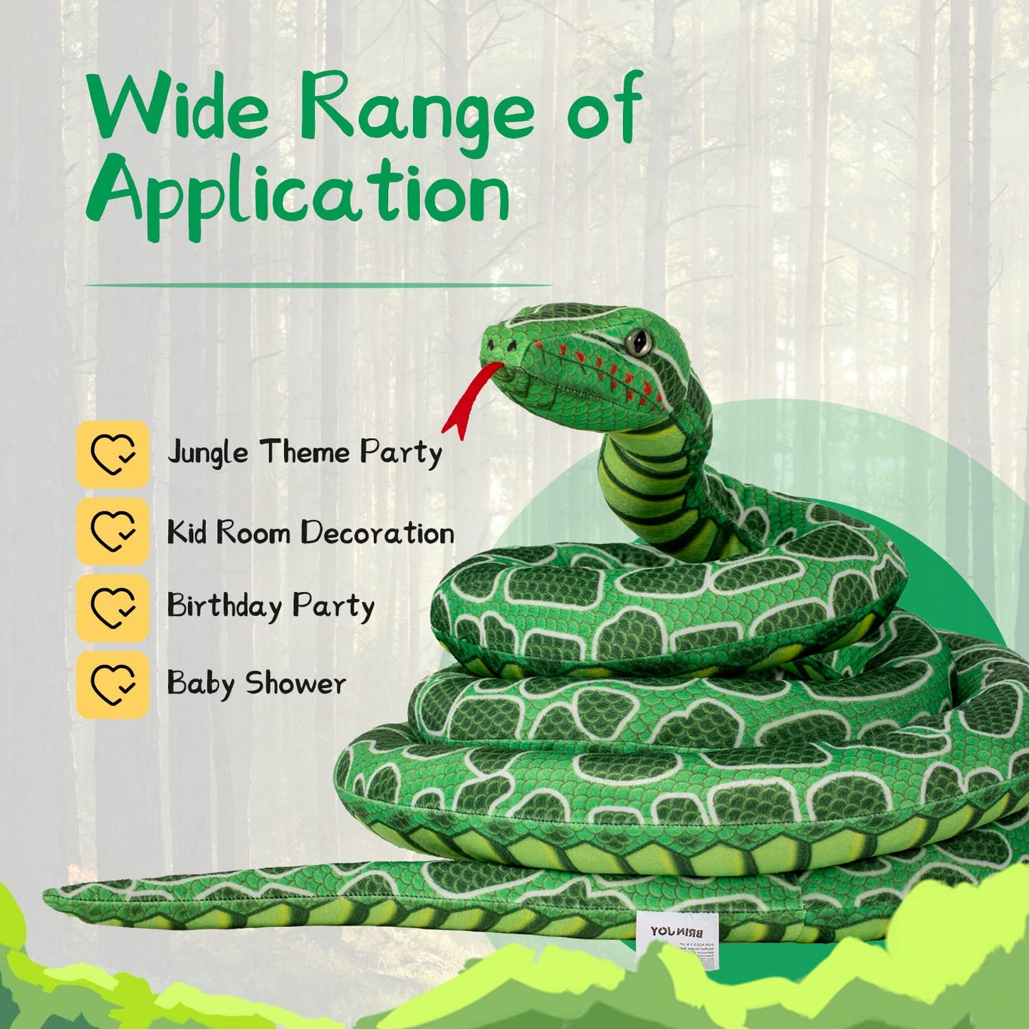 BRINJOY Giant Snake Plush Toy - 149" Lifelike Jumbo Animal - Green Cotton Stuffed Animal for Kids - Perfect Gift for Birthdays & Parties