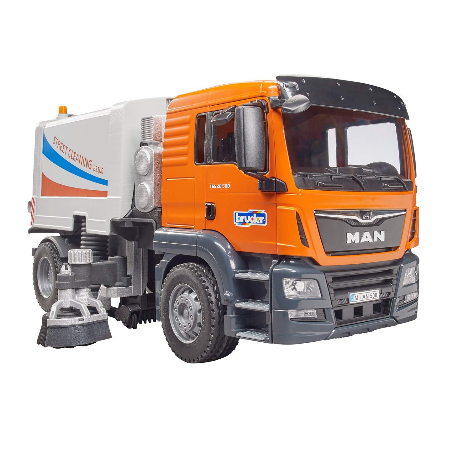 Bruder Toys - Commercial Realistic MAN TGS Street Sweeper Truck with Open-able Doors, Adjustable Brushes, and Flexible Hose - Ag