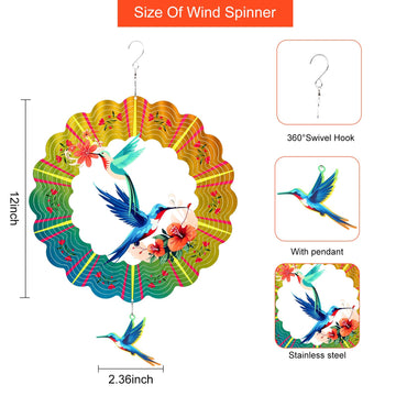 Hummingbird Metal Wind Spinners, Hummingbird Gifts For Women Mom Grandma Wife Men, 12 Inch 3D Stainless Steel Hanging Wind Spinn