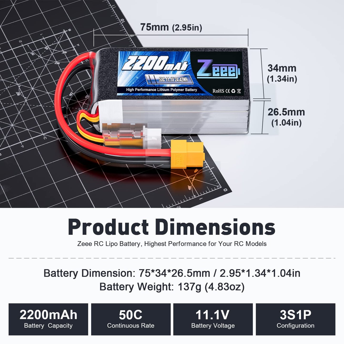Zeee 3S Shorty Pack Lipo Battery 2200mAh 11.1V 50C Battery with XT60 Plug for RC Car Truck Vehicles RC Boat RC Drone Airplane Qu
