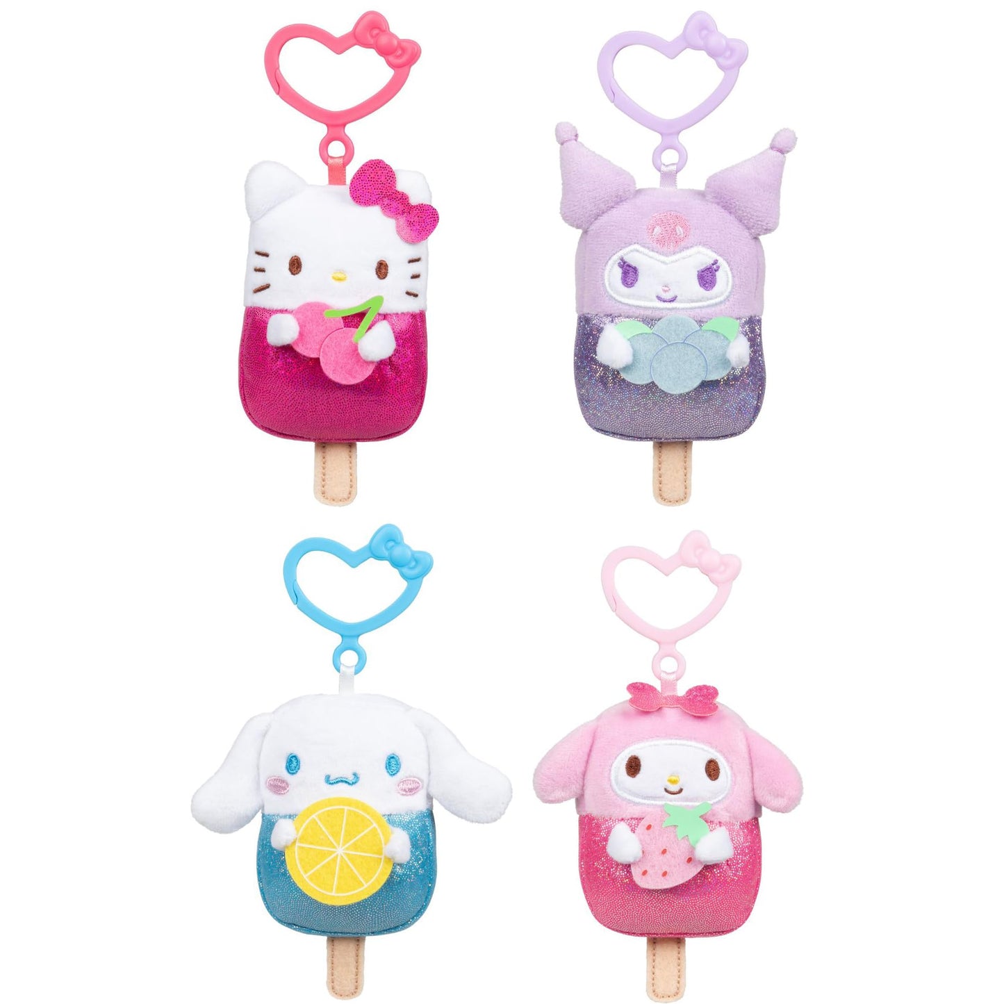 Hello Kitty And Friends 4-Pack Popsicle Clip-On Plush Featuring Hello Kitty, Kuromi, My Melody, And Cinnamoroll With Unique Bow Clips - Officially Licensed Sanrio Product From Jazwares