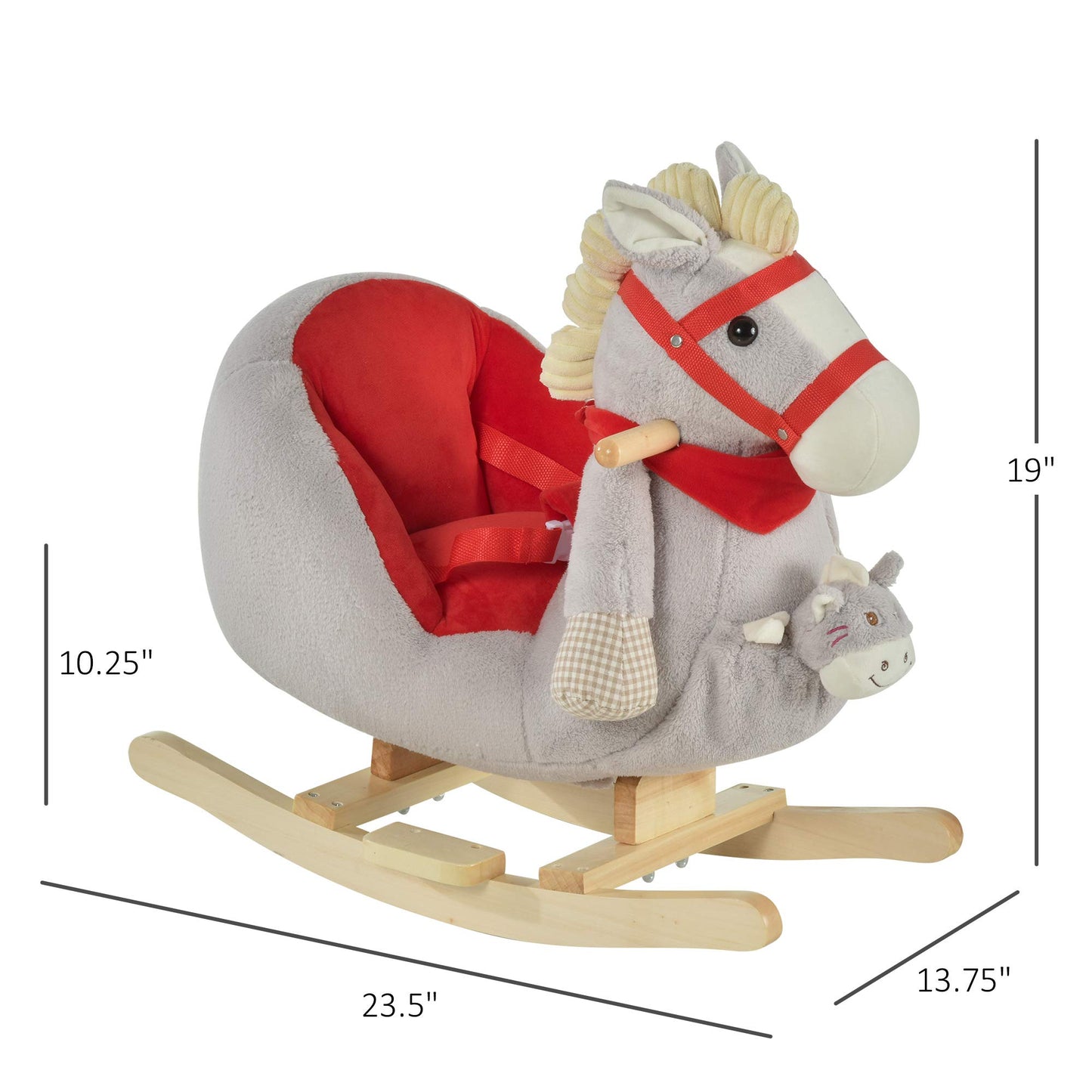 Qaba Kids Ride-On Rocking Horse Toy, Rocker With Lullaby Song, Hand Puppets & Soft Plush Fabric For Children 18-36 Months, Gray