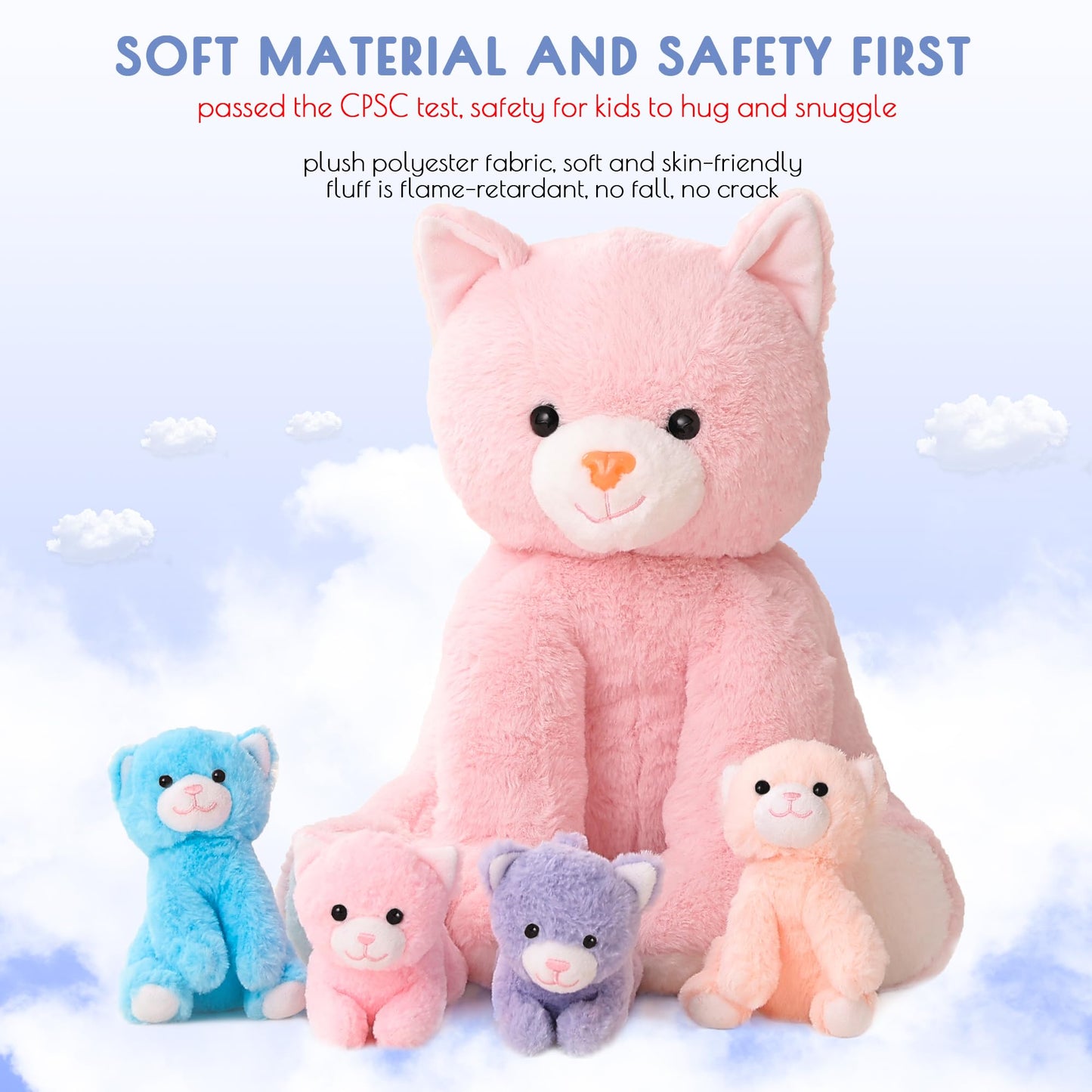 5 Pieces Cat Stuffed Animals For Girls,1 Mommy Cat With 4 Babies,Plush Stuffed Cat Toys Gifts For Kids 3 4 5 6 7 8 9 Years,Soft