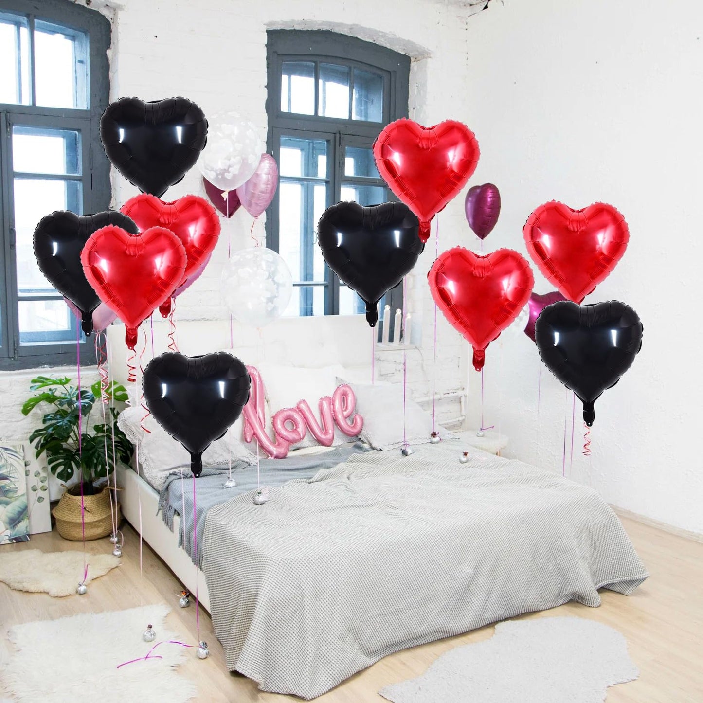 TONIFUL 30Pcs 18 Inch Red Black Heart Balloons Valentines Day Heart Shape Foil Mylar Balloons Decoration for Romantic Valentine