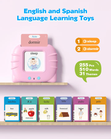 Bilingual Pink Spanish And English Talking Flash Cards, Pocket Speech Therapy Toys With 512 Words, Montessori Language Learning