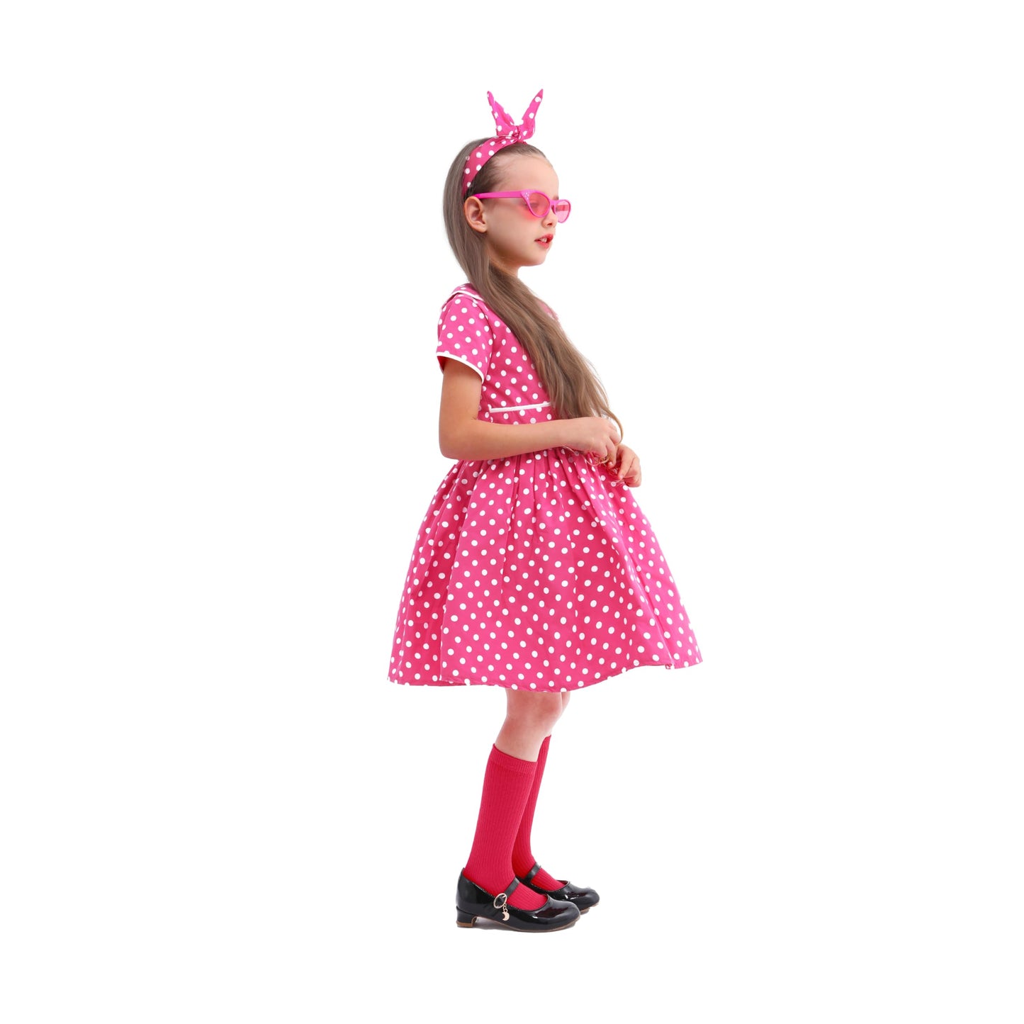 Raberto Girls Vintage 50S Dress, Pink Polka Dot With Headband, Glasses And Socks For Girls 7-8 Years, Large, Rose Red