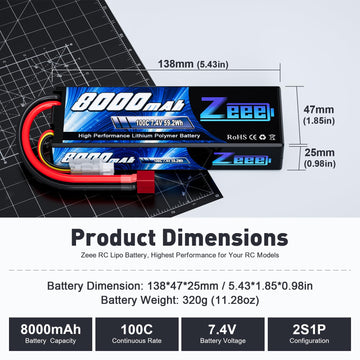 Zeee 2S Lipo Battery 8000mAh 7.4V 100C Hard Case T Plug for RC Car Truck Truggy Boat Helicopter - 2 Pack