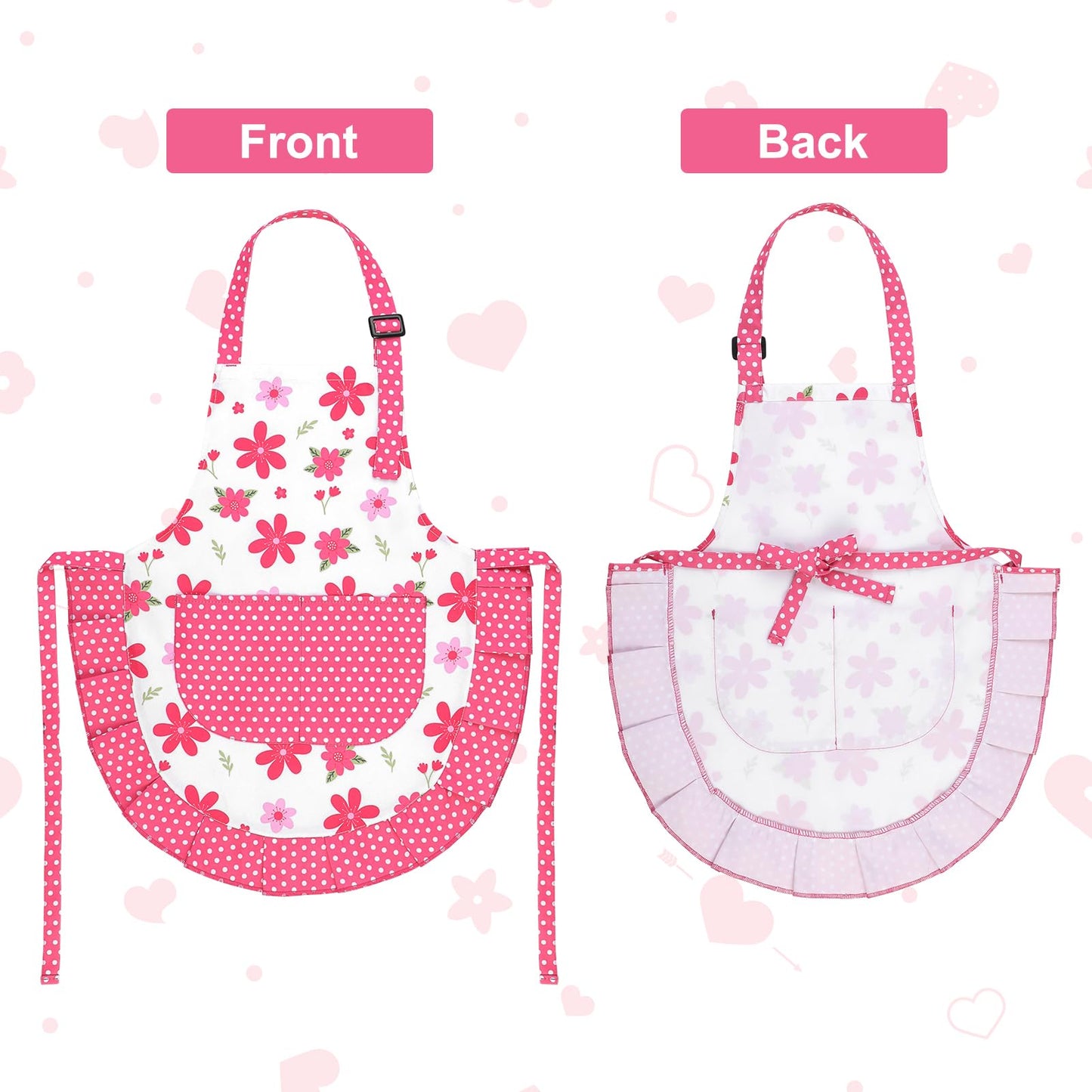 Kids Apron And Chef Hat Set, Cute Pink Flower Apron Adjustable Kids Aprons With 2 Pockets, Kids Cooking Aprons Artist Aprons Kit