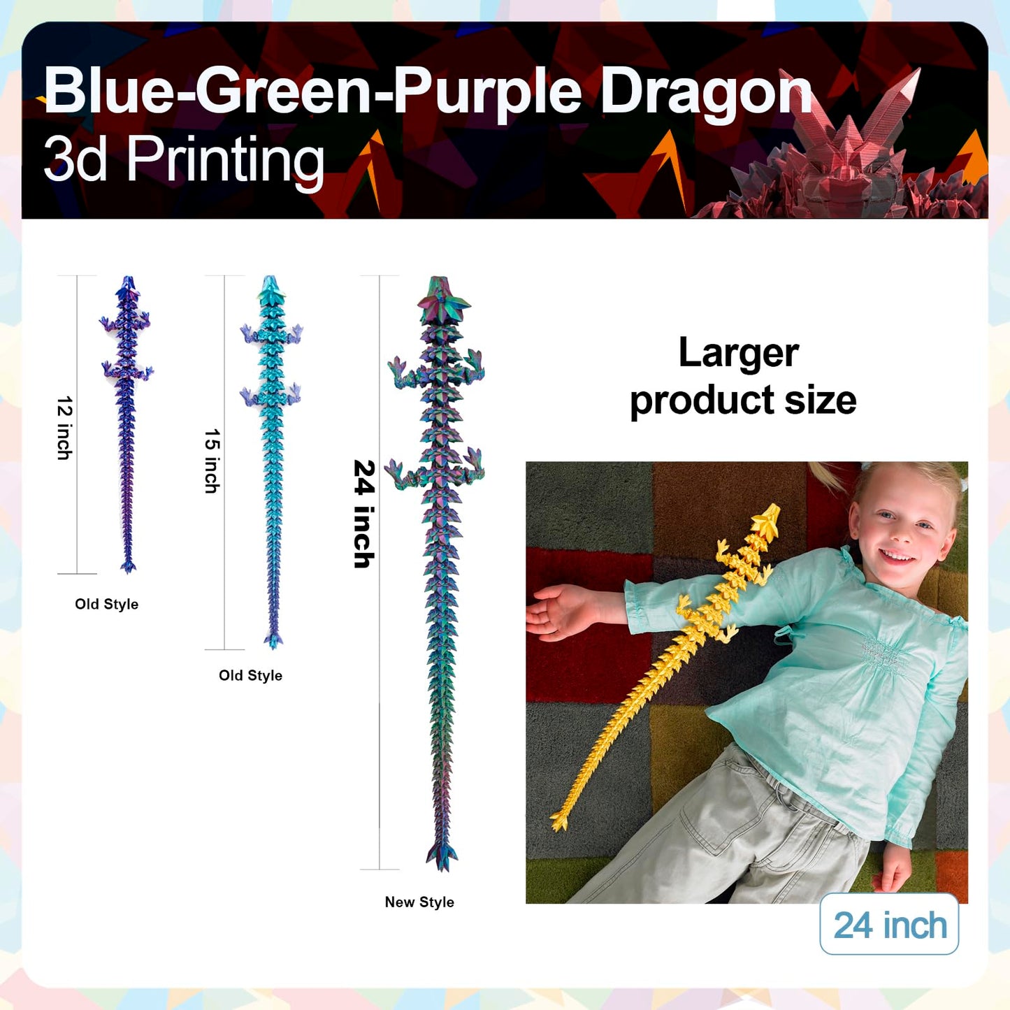Rwsefk 24 In 3D Printed Dragon, 24Inch Dragon,3D Dragon Toy,Large Dragon Present,Ariculated Crystal Dragon(Blue Green Purple)