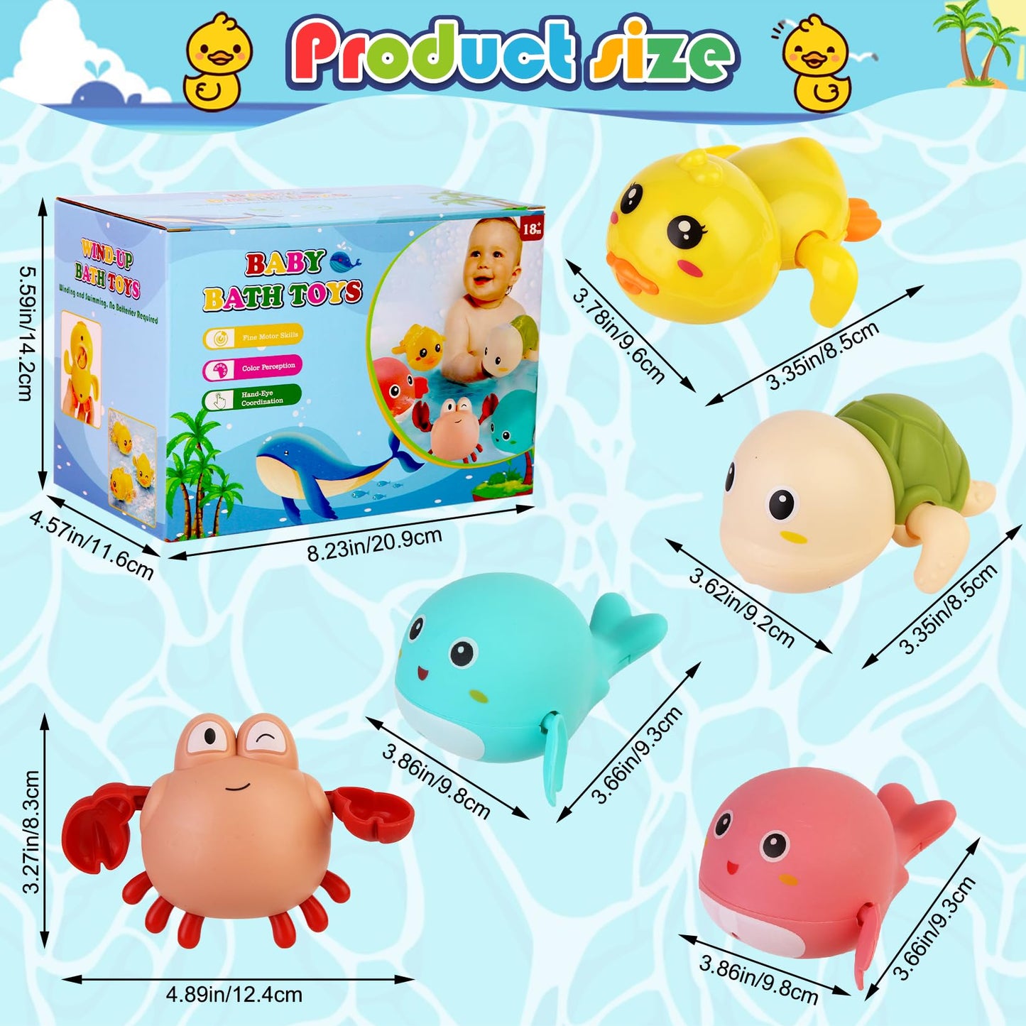 Ficcurys Baby Bath Toys 5 Pcs Set,Wind Up Bath Toys For Toddlers,Bathtub Toys For Kids,Dolphins,Crabs,Turtles,Ducks Floating Wat