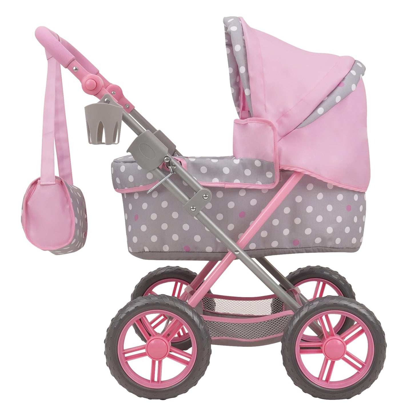 509 Crew: Cotton Candy Pink: Amanda Doll Pram - Pink, Grey, Polka Dot - W/Matching Handbag, Foldable, Removable Bassinet, Kids P