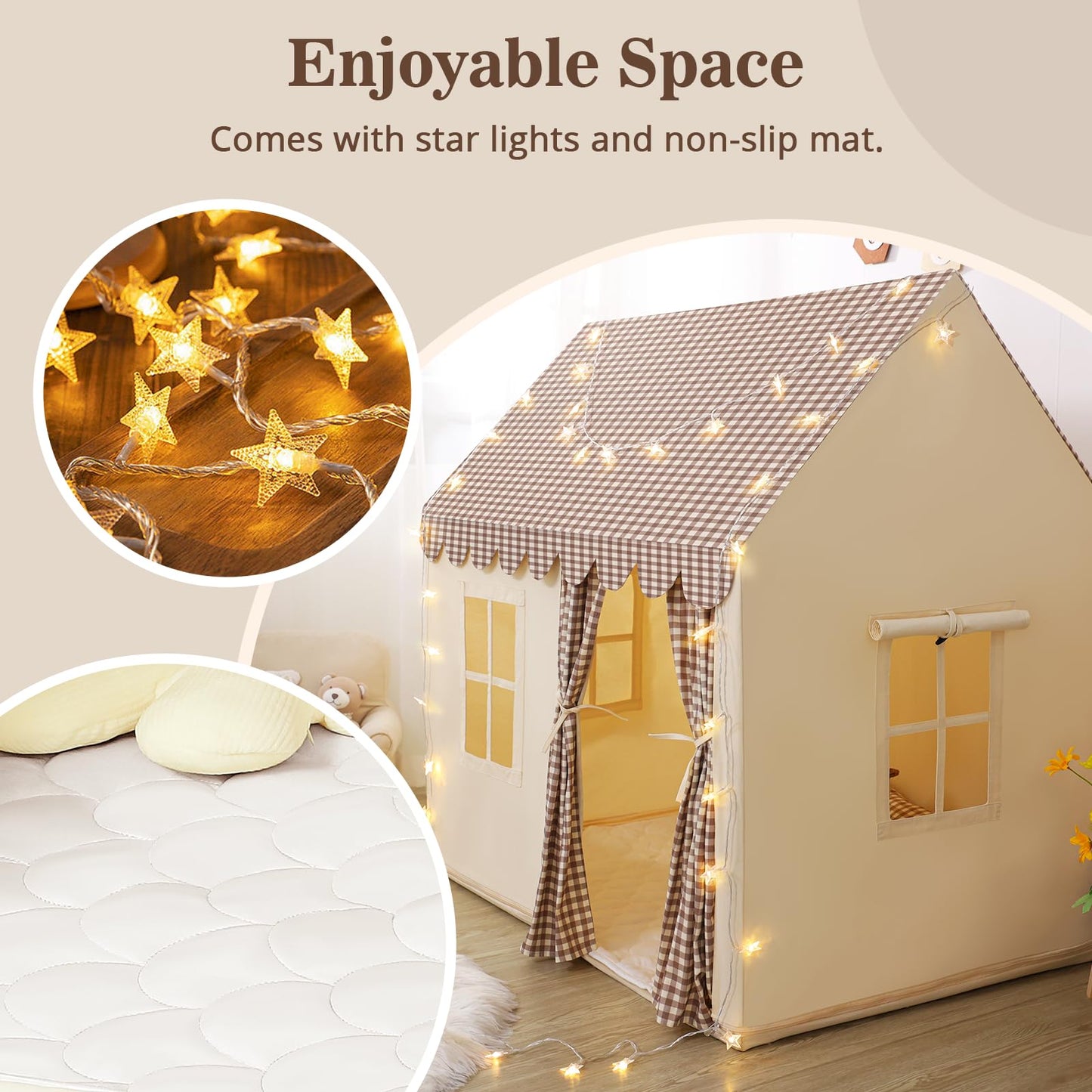 SweHouse Kids Play Tent with Star Lights - Brown & Cream Indoor Playhouse for Toddlers, Non-Slip Padded Mat - Perfect Birthday Gift