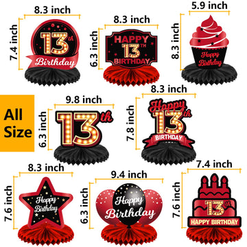 Happy 13Th Birthday Red And Black Table Honeycomb Centerpieces Balloons Theme Decor Table Decorations Table Toppers For Girls Women Princess 13 Years Old Birthday Party Bday Supplies Background Gold