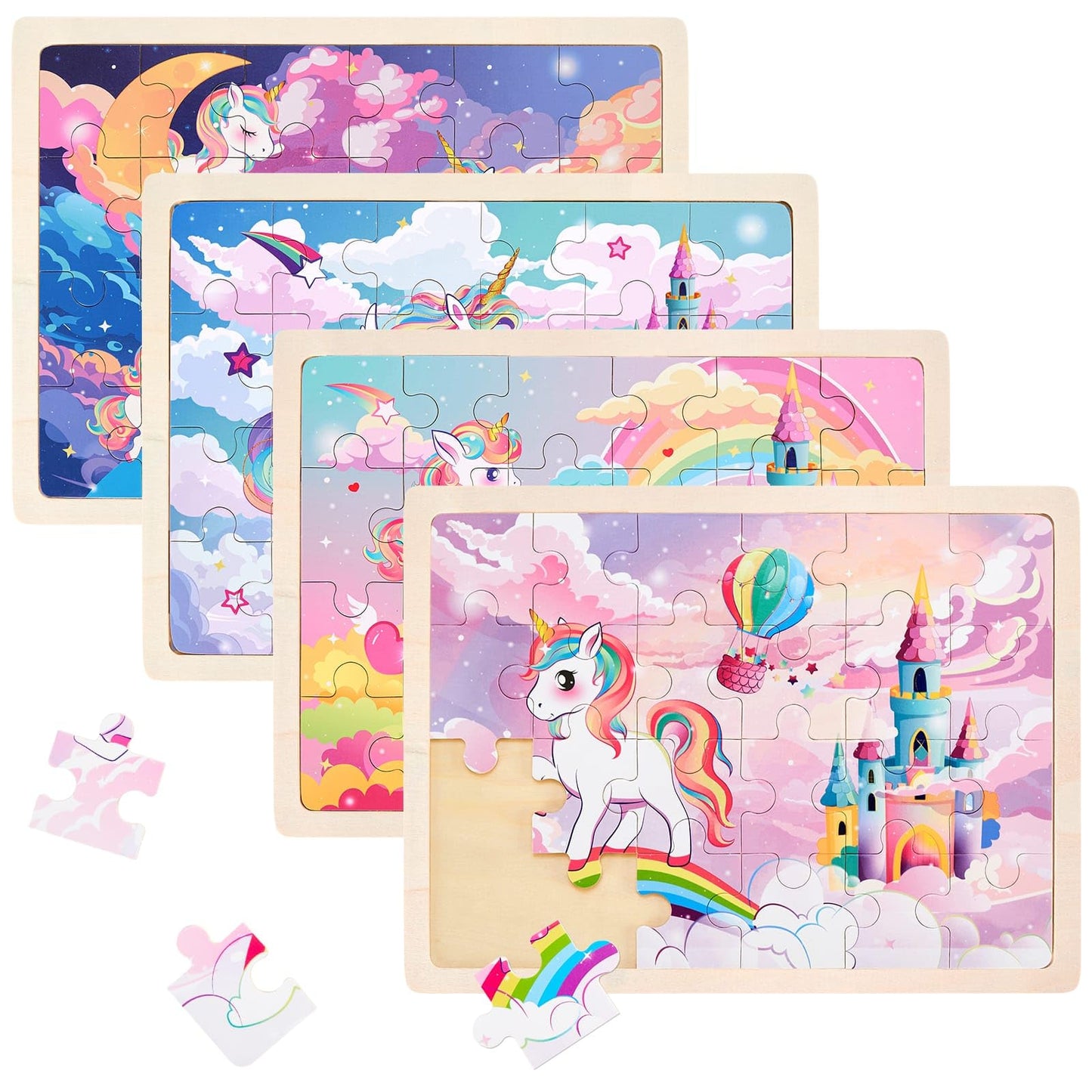 Wernnsai Unicorn Wooden Jigsaw Puzzles - 4 Pack Of 24 Piece Unicorn Princess Wooden Puzzles Preschool Educational Brain Teaser Boards Toddlers Toys Gifts For 3 4 5 6 Year Old Kids Birthday Toys Gifts