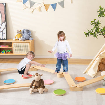 Infans Wooden Balance Beam For Kids Toddler, Stepping Stones, 12 Piece Obstacle Course For Playroom Indoor Outdoor, Gymnastics M