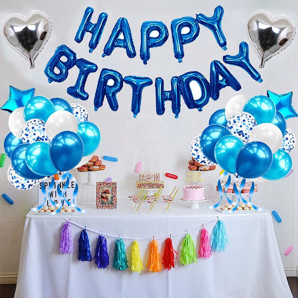 Morofme Blue Birthday Party Decorations Set With 38Pcs Balloons, Confetti, Foil Balloons, Fringe Curtains For Unisex Blue Themed Events