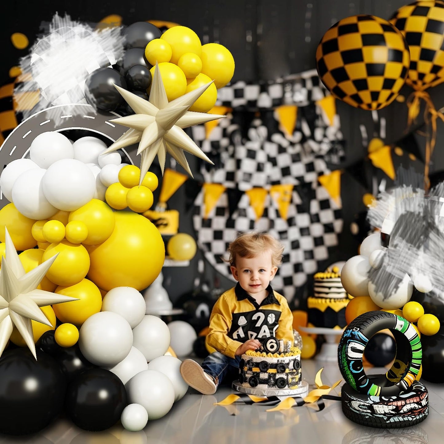 Black And Yellow White Balloon Arch Kit, 115 Pcs Race Car Birthday Party Decorations Balloons Garland, 18 Inch Checkered Mylar E