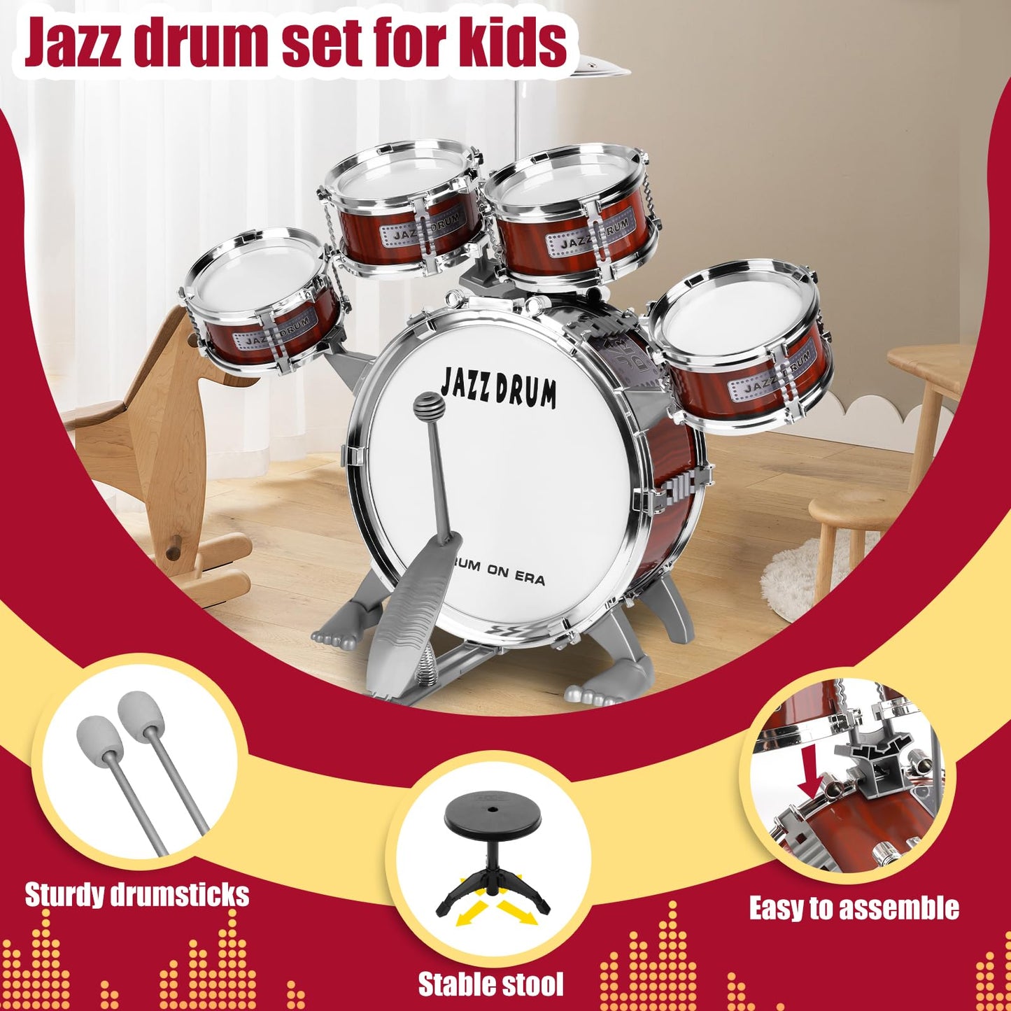 Oonewiser Kids Drum Set For Toddlers Toy- Musical Instruments Toys Drum Kit 9 Pcs With Stool, Bass Drum, 4 Small Drums Percussio