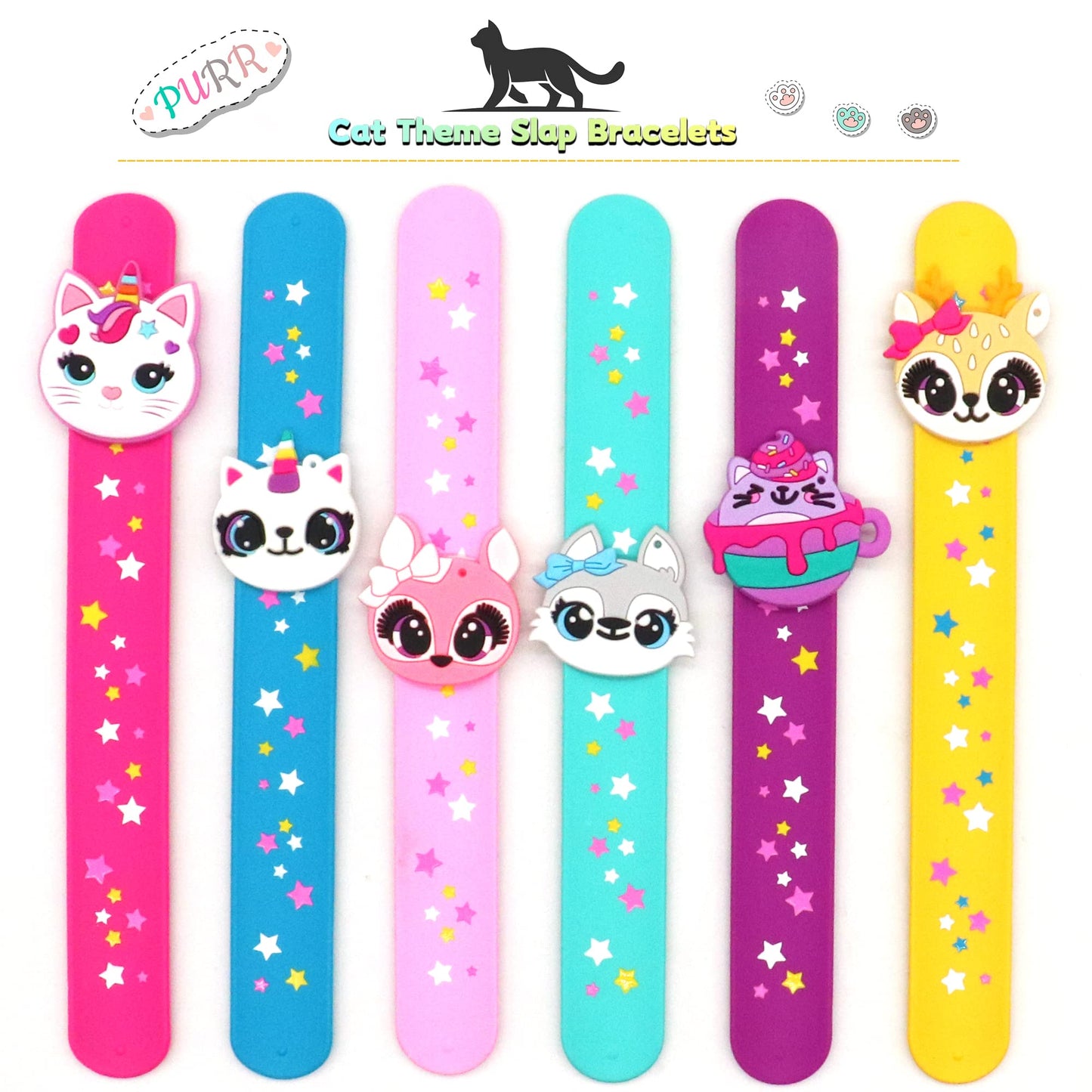 PAITUEND Cat Theme Slap Bracelets Party Favors- Cat Silicone Wristbands (6pack) for Boys&Girls Birthday&Cat Theme Party Supplies