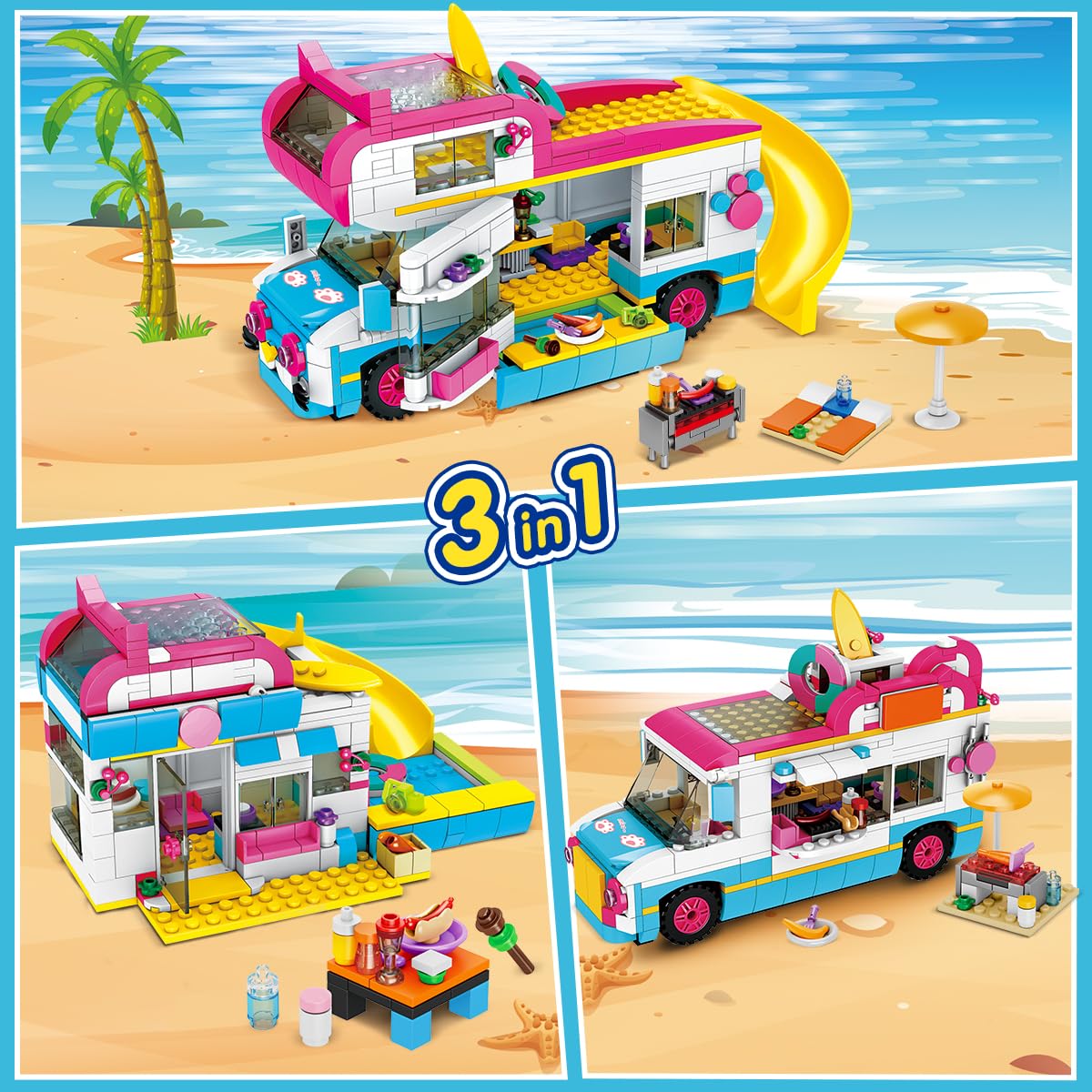 Cubimana 3-In-1 Cat Car Building Set, Girls Camper Van Building Block Sets, Ice Cream Truck City Bus Building Toys With Slide An