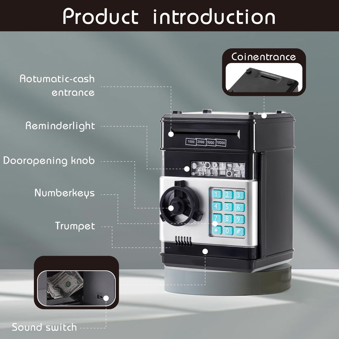 Evthsu Black Electronic Atm Safe Piggy Bank For Kids - Real Money Savings Coin Bank With Code Lock & Password, Gift Money Box Fo