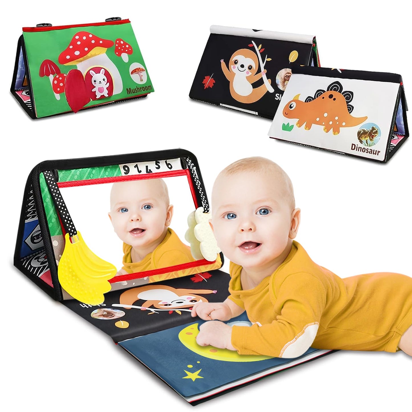 Baby Mirror Tummy Time Toys, Infant Safe Baby Play Mat With Teether For Newborn 0-3-6-12 Months Old Boys,Girls, Brain Development Montessori For Crib, Floor, Car, Sensory Crinkle Soft Books Attachment