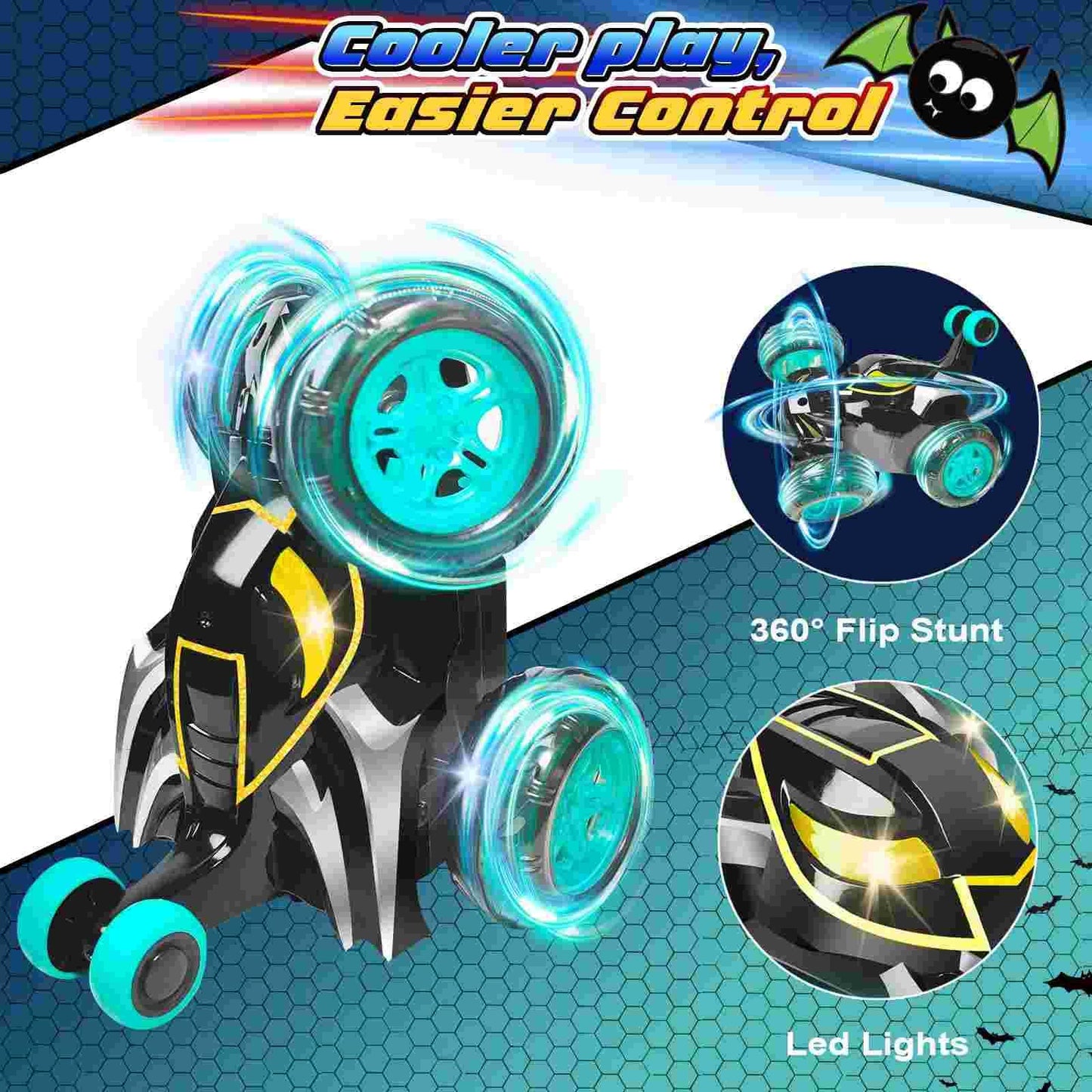 Kids Toys Bat Rc Car For Boys 4-7 - Cool Bat Monster Remote Control Crawler Toy 360 Flip Fast Stunt & 4Wd Light Up Wheel - Fun B