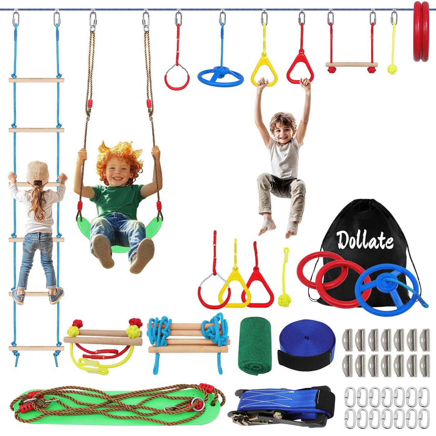 Dollate Ninja Warrior Obstacle Course For Kids - 55Ft, Outdoor Obstacle Course 13 Accessories, Swings, Monkey Bars, Arm Trainers