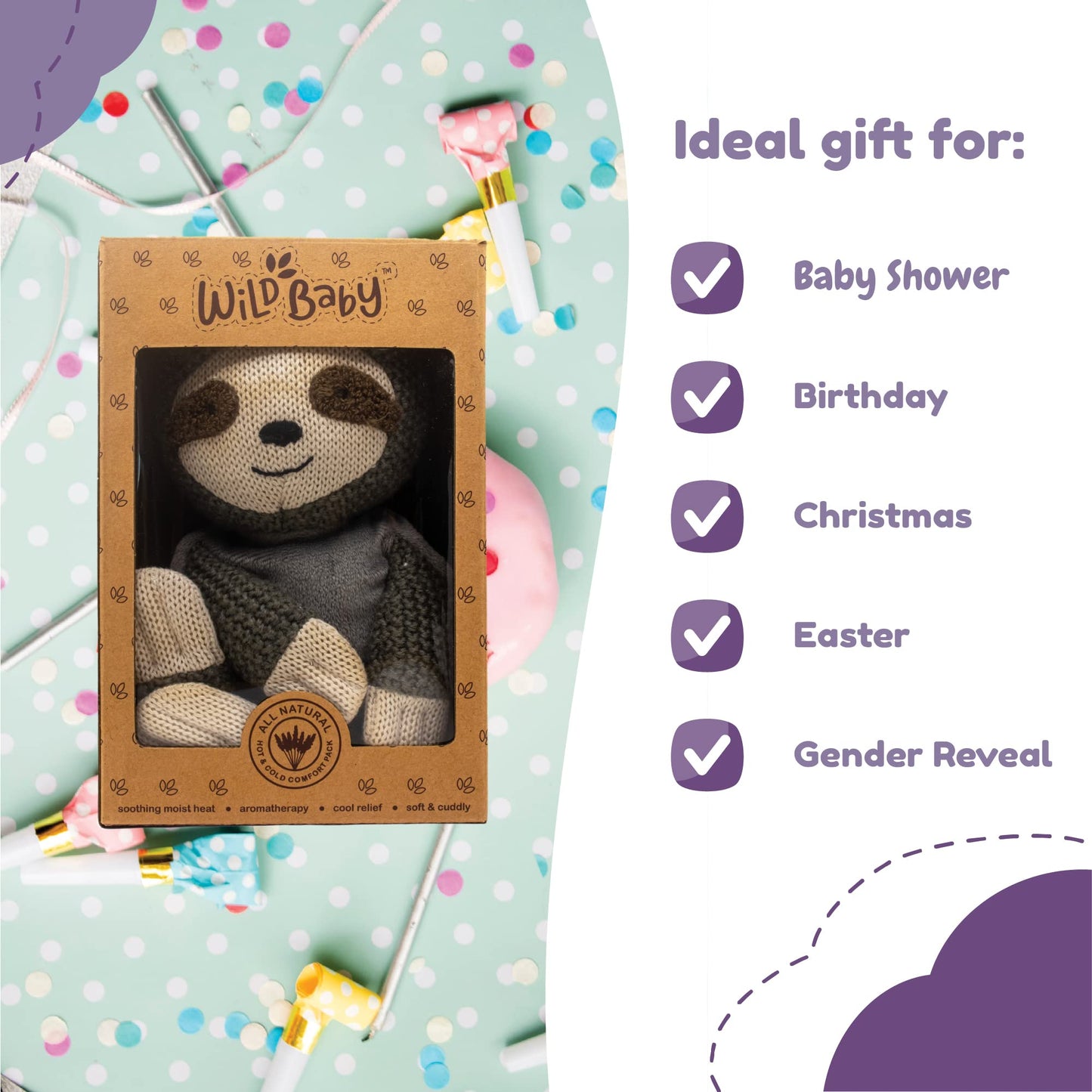 WILD BABY Sloth Stuffed Animal - 10" Heatable Plush Toy with Lavender Scent, Perfect for Kids