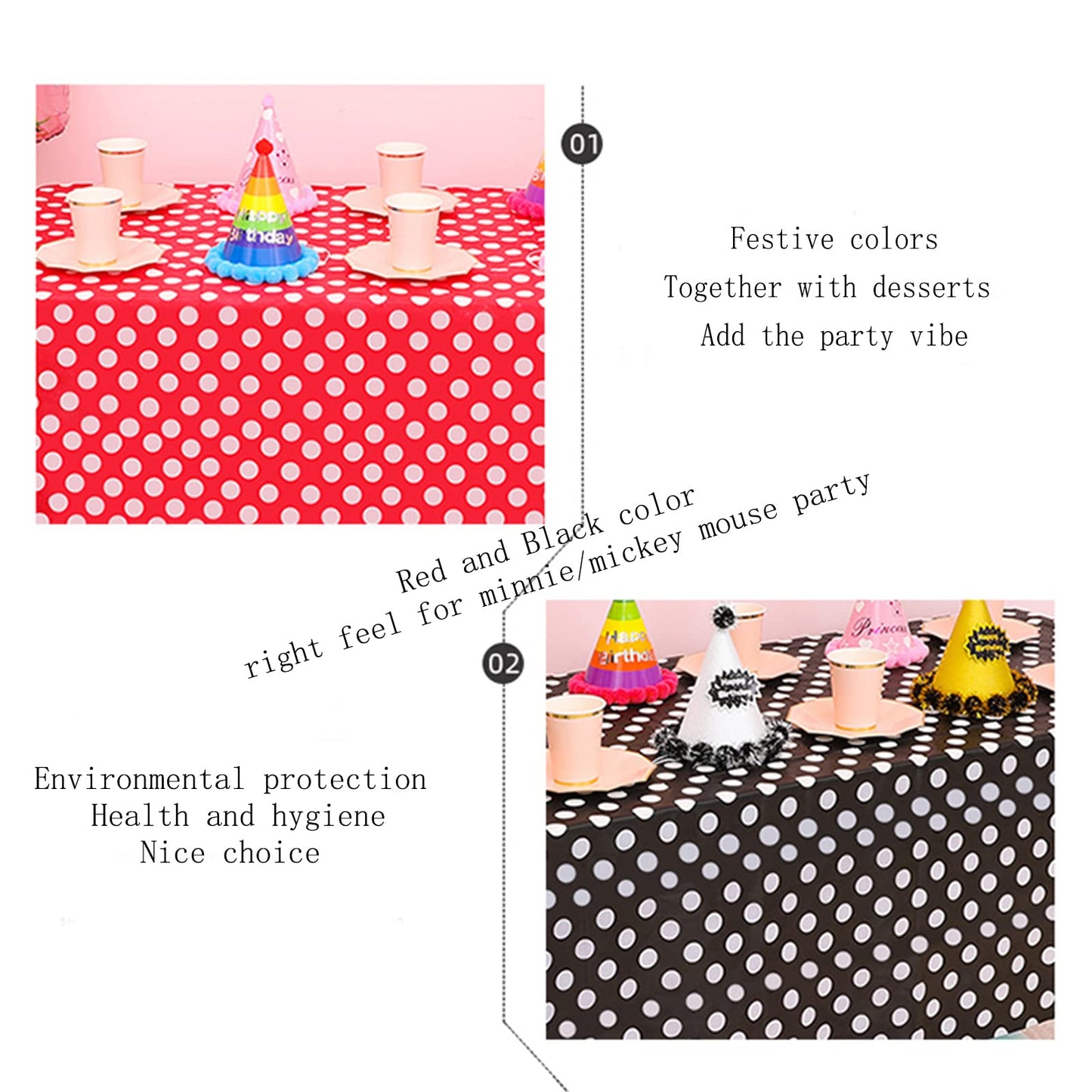 Zjdhpty 3Pack Tablecloths For Rectangle Tables Black Polka Dot Plastic Disposable Table Cloths For Parties Mini Mouse Table Clot