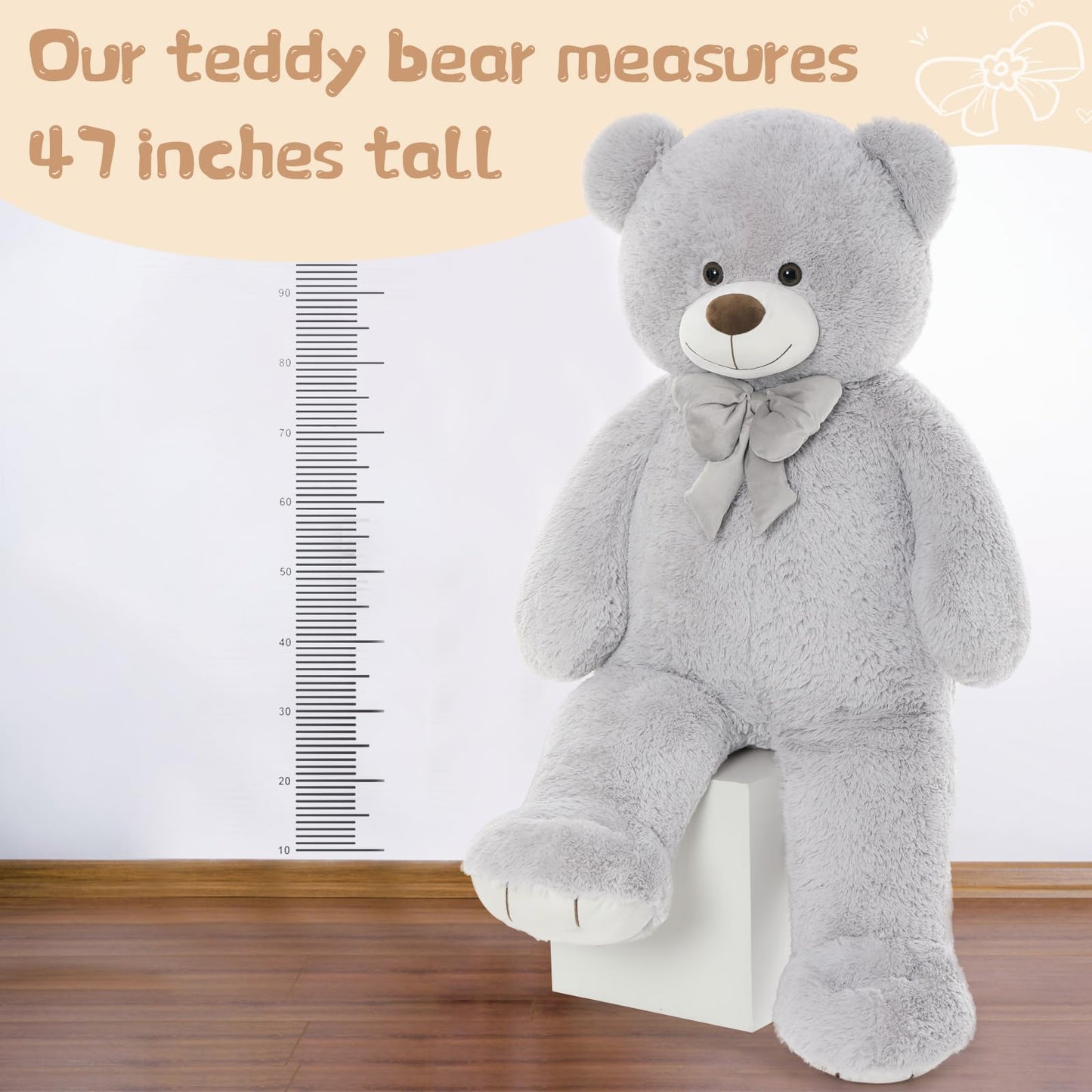 Tezituor Big Teddy Bear 4 Feet, Soft Giant Stuffed Animal Life Size 47 Inch Plush Bear Toy Valentines Christmas Birthday Gift For Girlfriend Kids,Grey