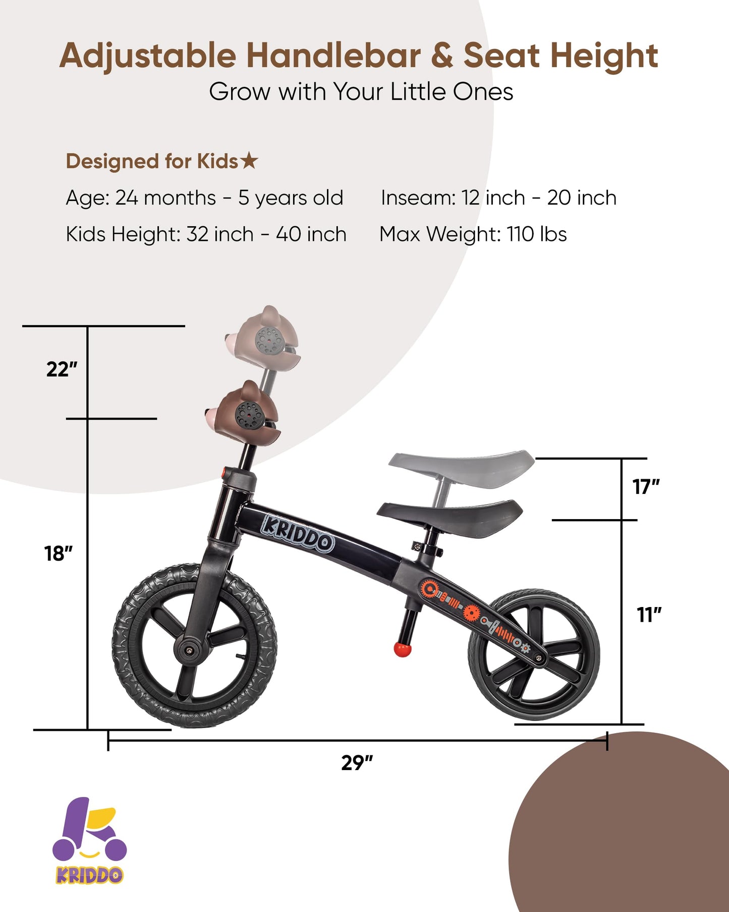Kriddo Toddler Balance Bike 2 Year Old, Age 24 Months To 5 Years Old, Modern Style, Early Learning Interactive Push Bicycle, Gif