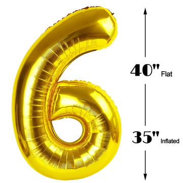 40 Inch Gold Mylar Foil Number 6 Birthday Balloon, Digital Balloons For 6 16 Boy Girl Party Decorations Supplies, Big Helium Bal