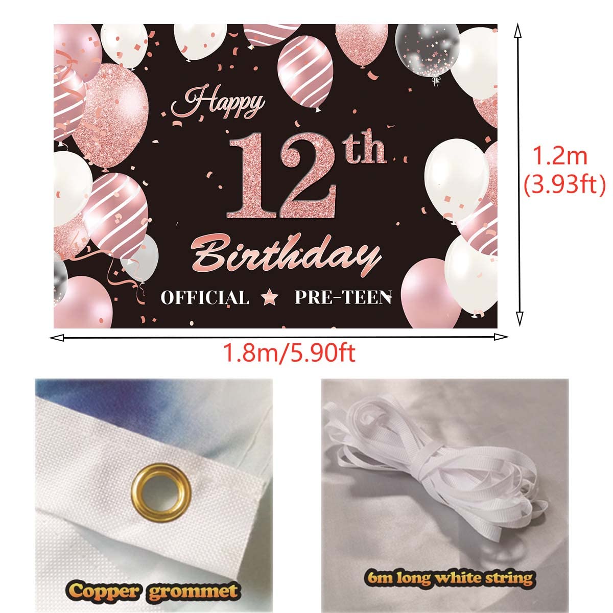 12Th Birthday Decorations For Girls, Black Rose Gold 12Th Birthday Backdrop Banner, Official Pre-Teen 12Th Birthday Party Suppli
