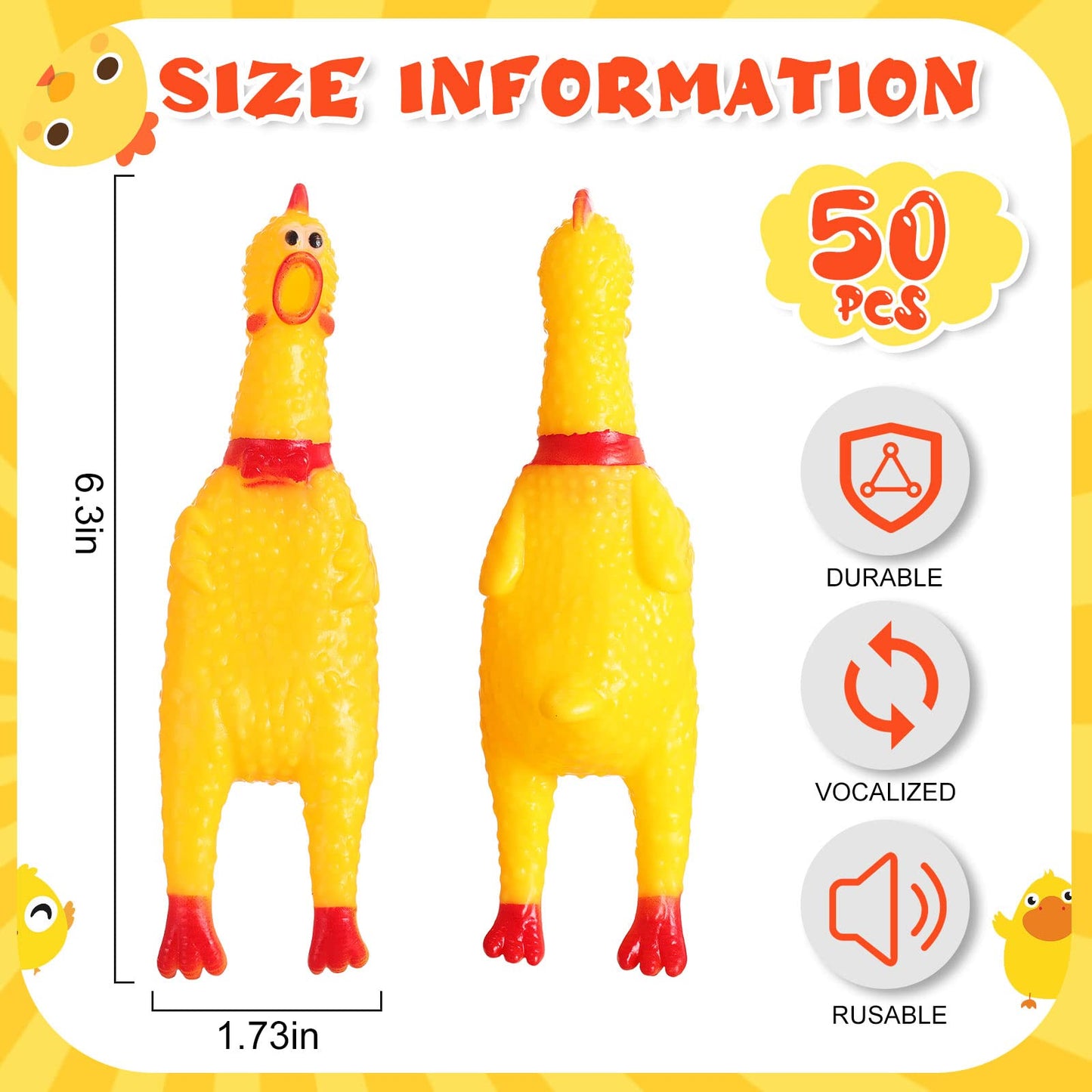 Honoson 50 Pcs Rubber Chickens Squeak Screaming Chicken Novelty Bulk Dog Toys For Pets Dogs Adults, 6.3 Inch(Yellow)