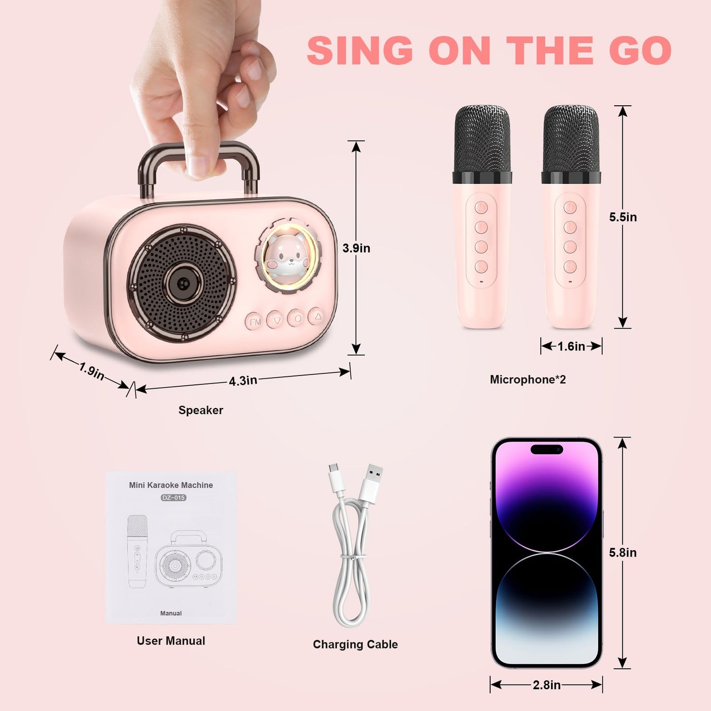 Mini Karaoke Machine For Kids Adults, Fun Portable Bluetooth Speaker With 2 Wireless Microphones, Stereo Sound Enhanced, Rich Bass, Cute Music Toys For Girls And Boys Ages 3-12 To Sing Loudly