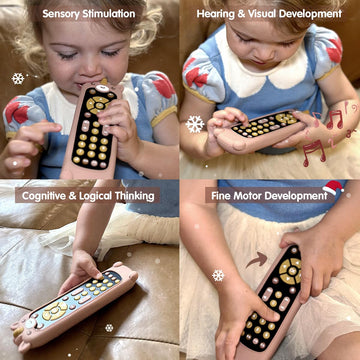 Nueplay Baby Tv Remote Control Toy With Silicone Teether Cover, Toddler Realistic Controller, Early Number Learning In 3 Languages (English, Spanish & French), Preschool Girls Toys 6, 12, 18 Months