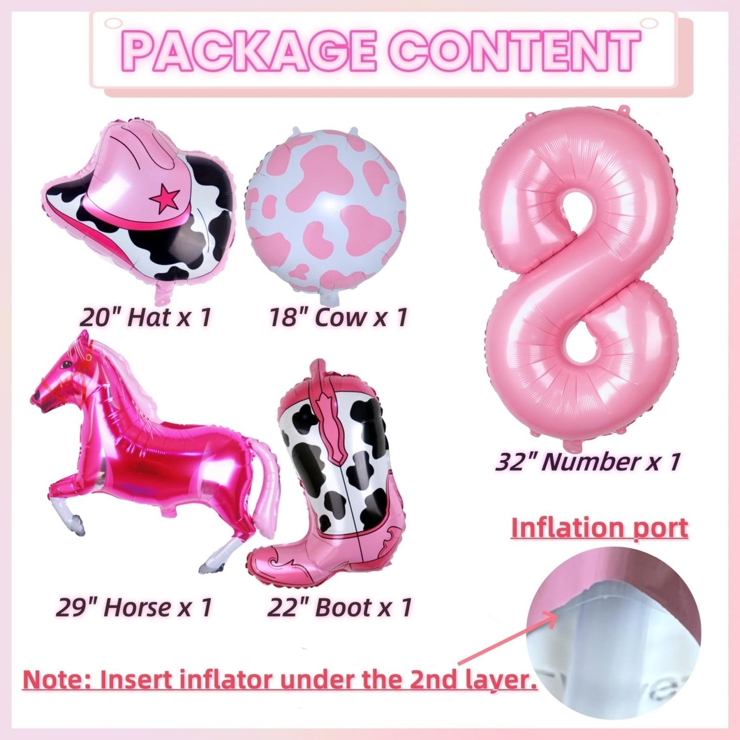 Kwuz Western Cowgirl Balloons Pink 8th Birthday Party Decorations, Retro Horse Cowgirl Hat Boot Balloons Girls Western Theme Rod
