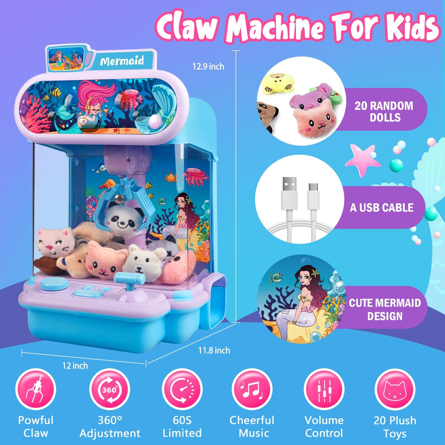 Claw Machine For Kids,Mini Vending Machines Candy Grabber Prize Dispenser Toys For Girls Boys, Electronic Arcade Game With 20 Mini Plush Toys For Party Easter Birthday Gifts