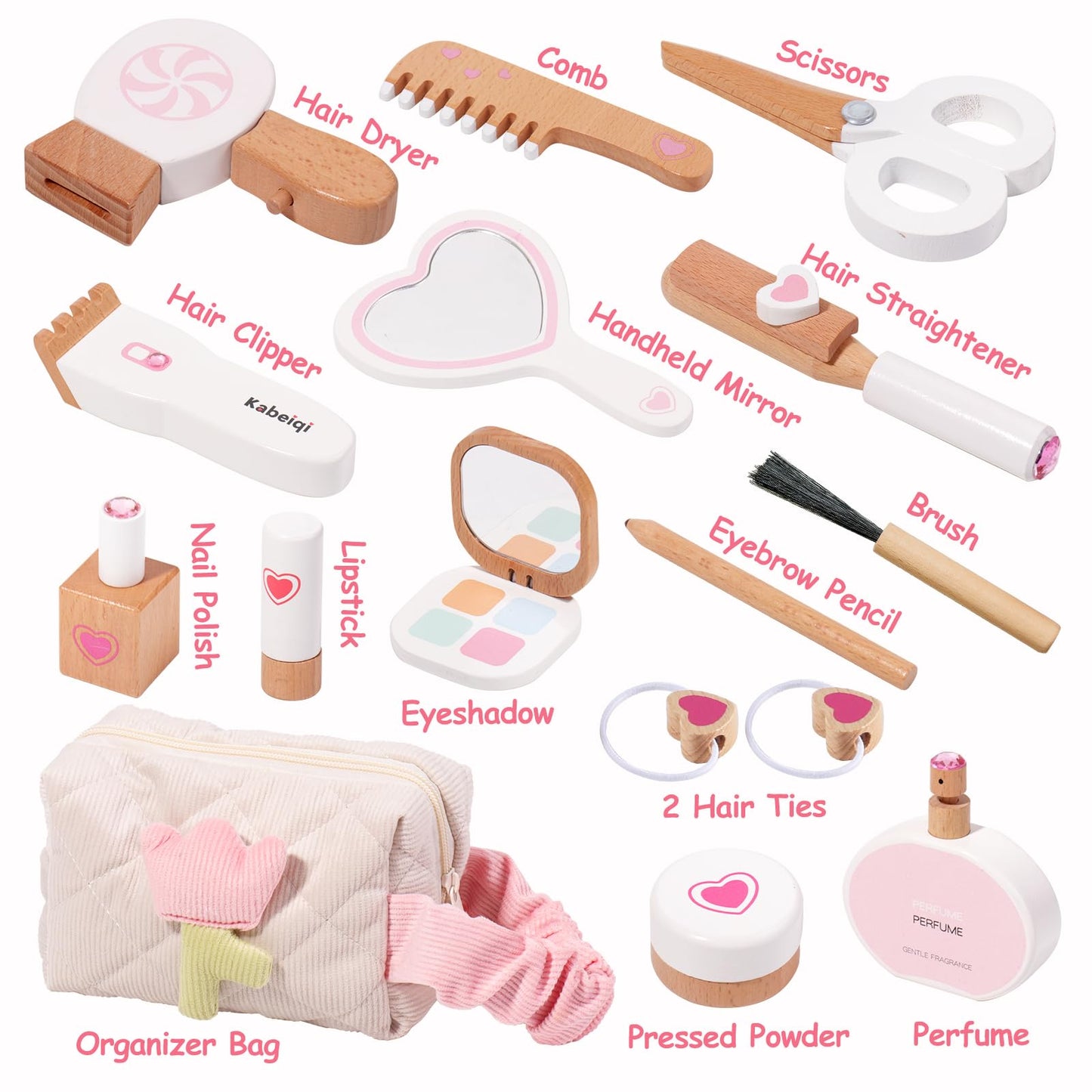 Wooden Makeup Toy Set for Toddlers, 16 Pieces Pretend Play Beauty Salon Kit with Styling Tools, Cosmetics and Storage Bag for Ki